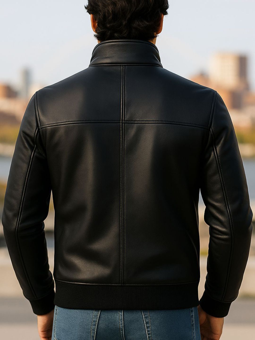 Devoted Men Mock Collar Solid Leather Jacket - Image 2
