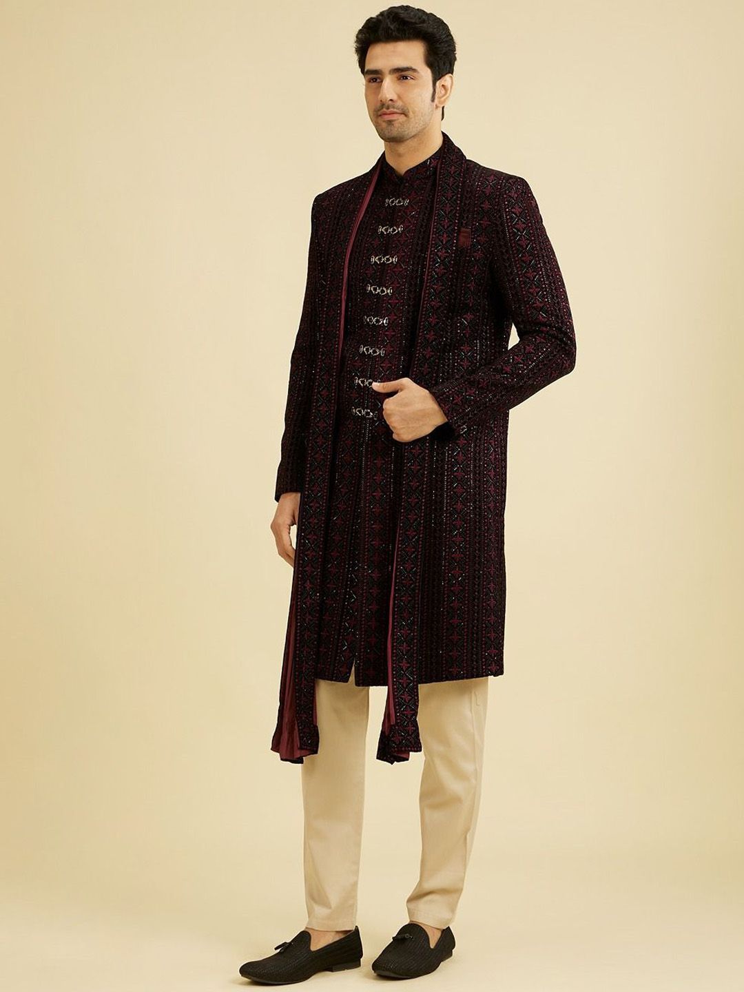Men Embroidered Sherwani With Dupatta - Image 3