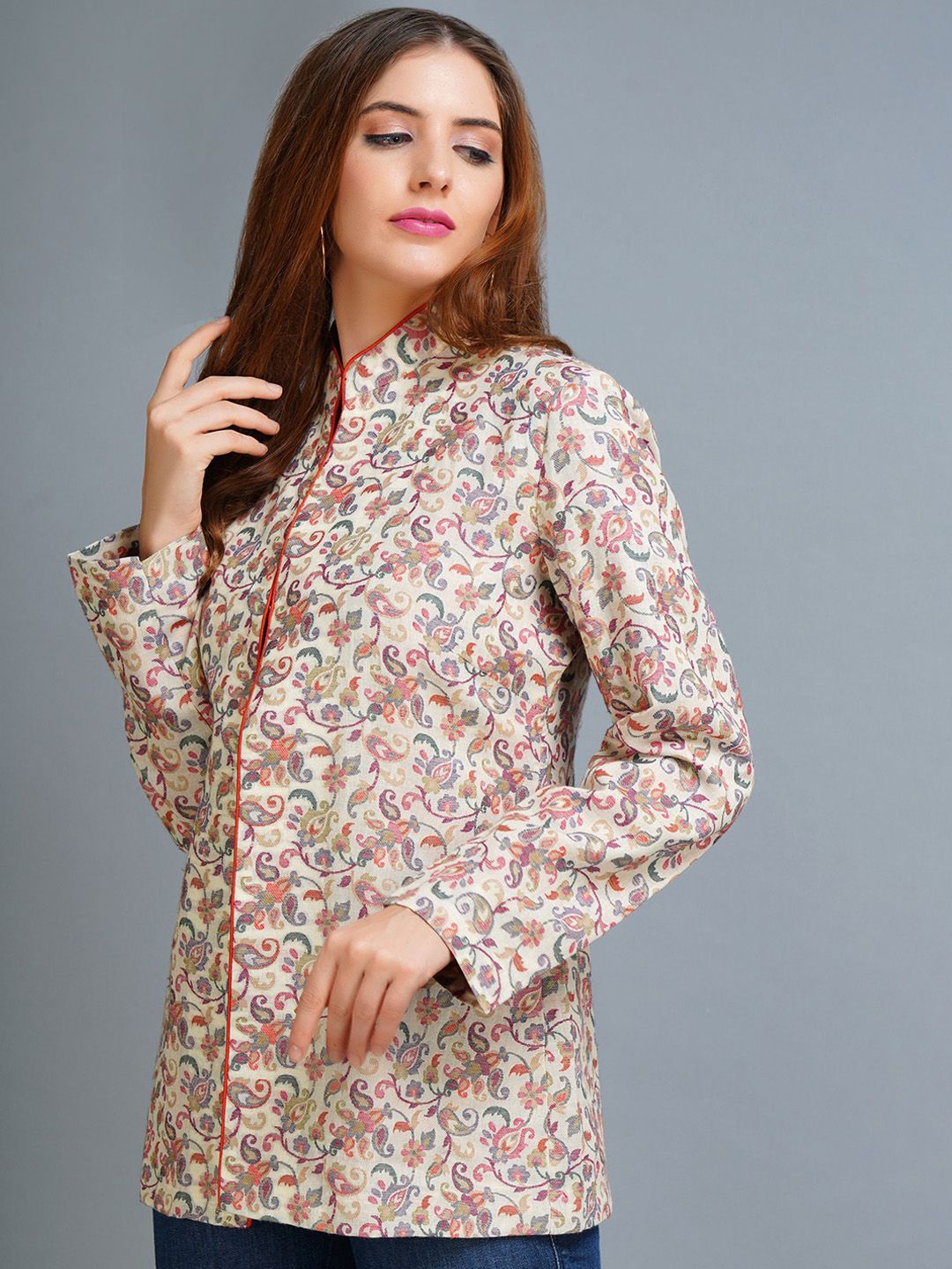 Women Paisley Woollen Longline Tailored Jacket with Embroidered - Image 2