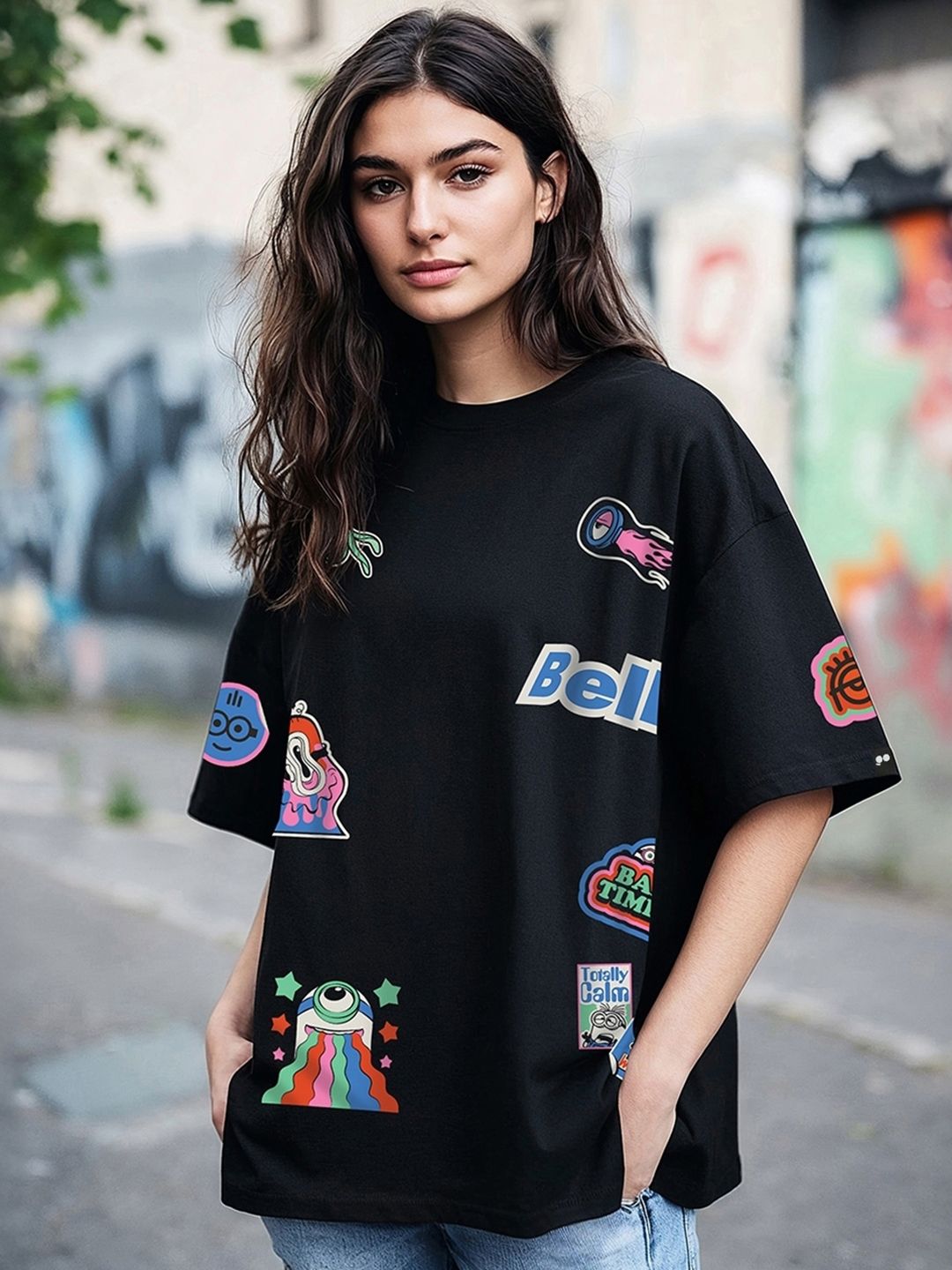 Women Graphic Printed Round Neck Cotton Oversized T-shirt - Image 2