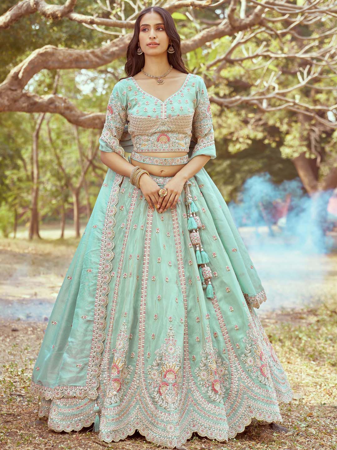 panchhi Embellished Tissue Semi-Stitched Lehenga & Unstitched Blouse With Dupatta