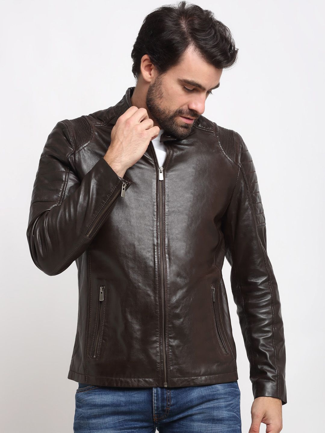Mandarin Collar Leather Jacket