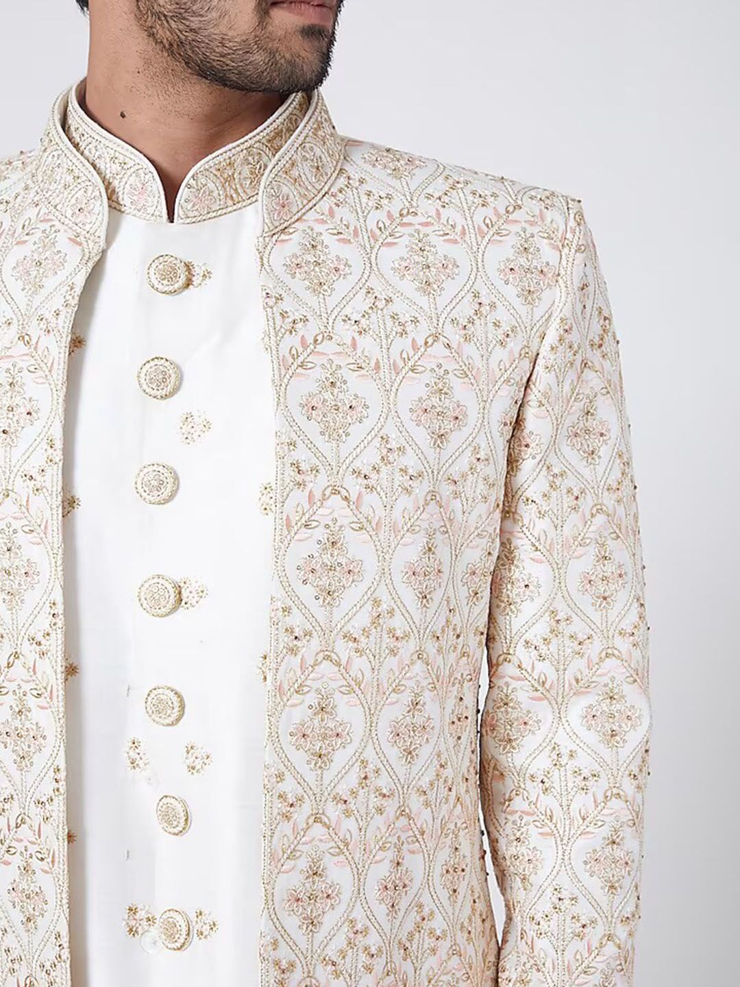 Embroidered Mandarin Collar Pure Silk Sherwani Set - Image 3