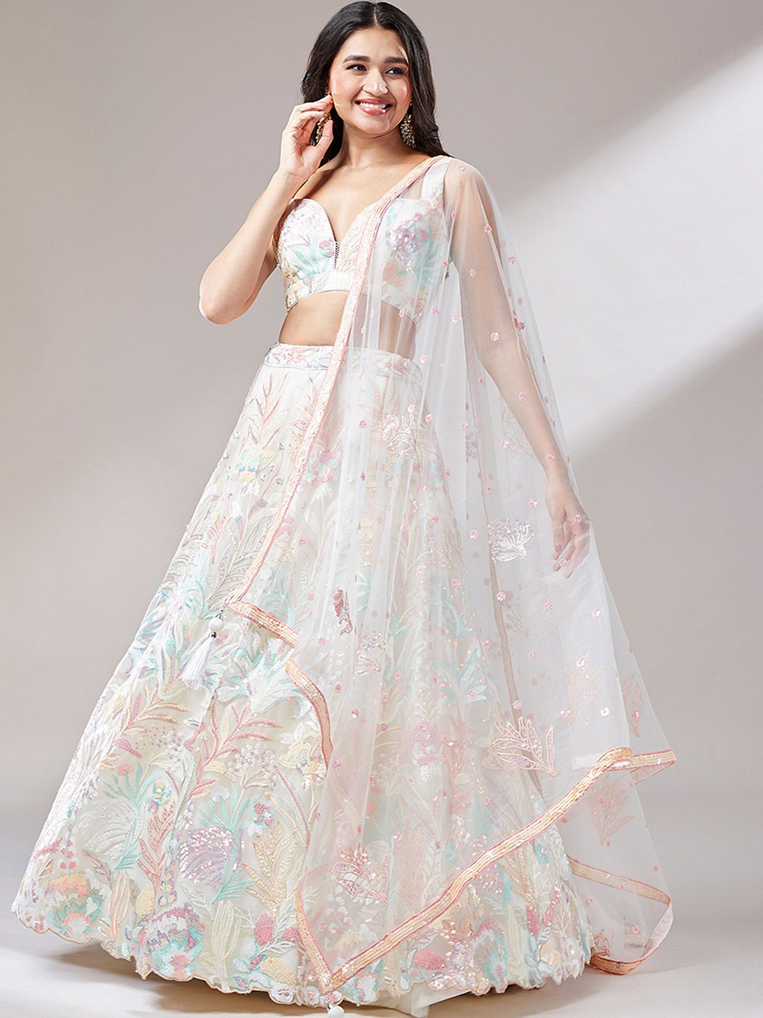 Embroidered Sequinned Semi-Stitched Lehenga & Unstitched Blouse With Dupatta - Image 2