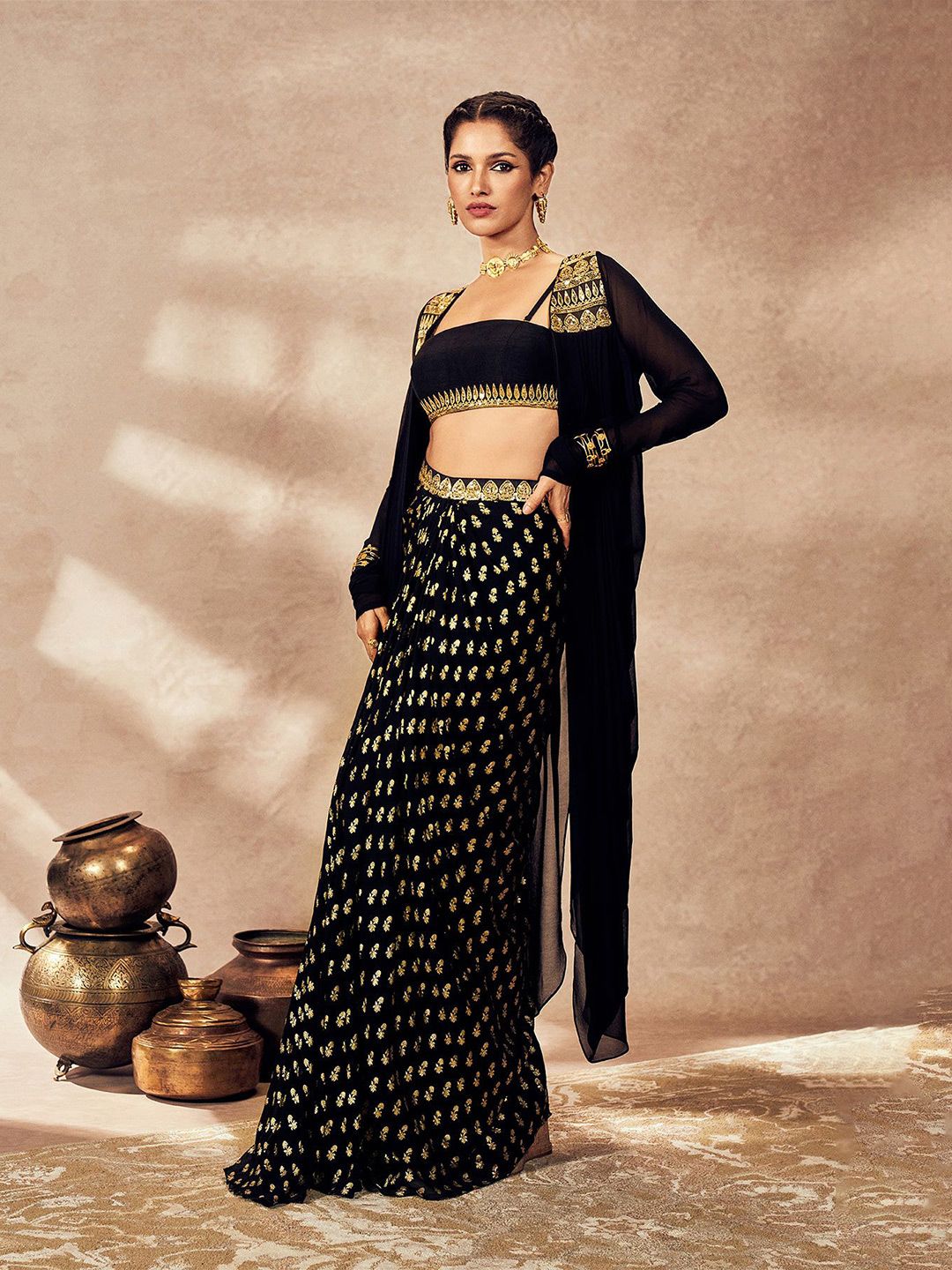 Pixie Dust Embellished Shoulder Straps Top with Skirt & Shrug