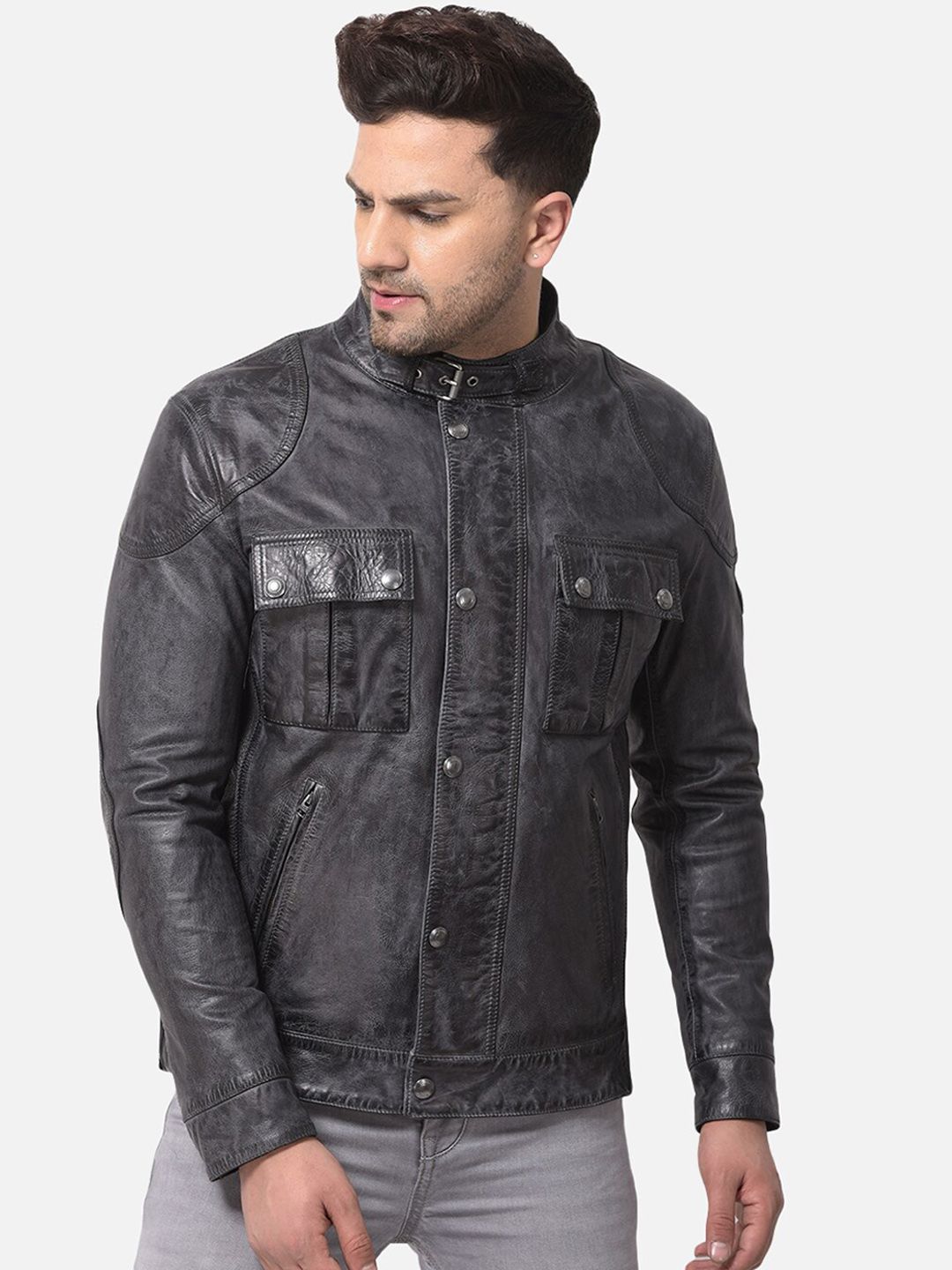 Men Black Leather Water Resistant Longline Bomber with Patchwork Jacket