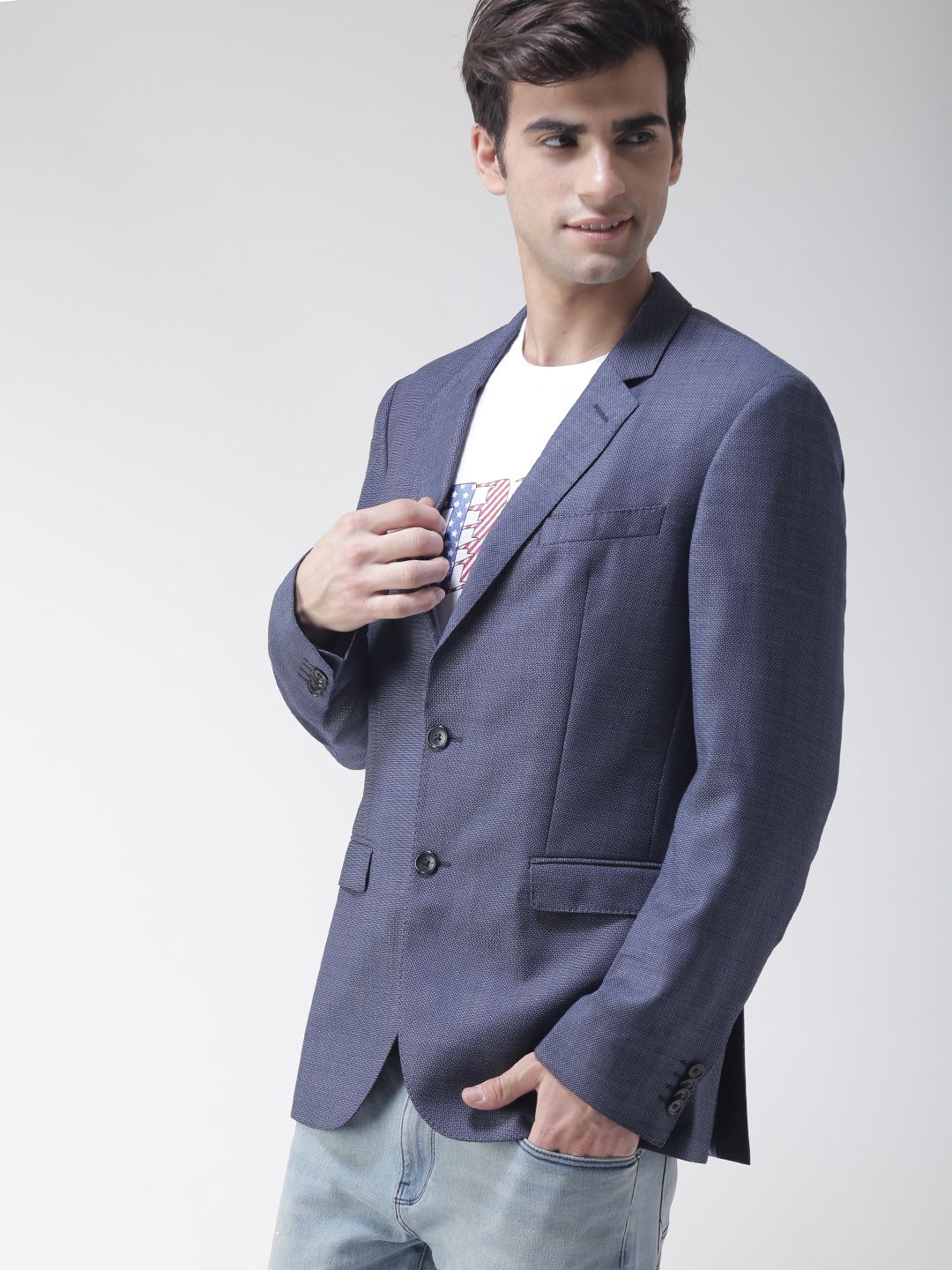 Men Blue Textured Single-Breasted Woollen Casual Blazer - Image 3
