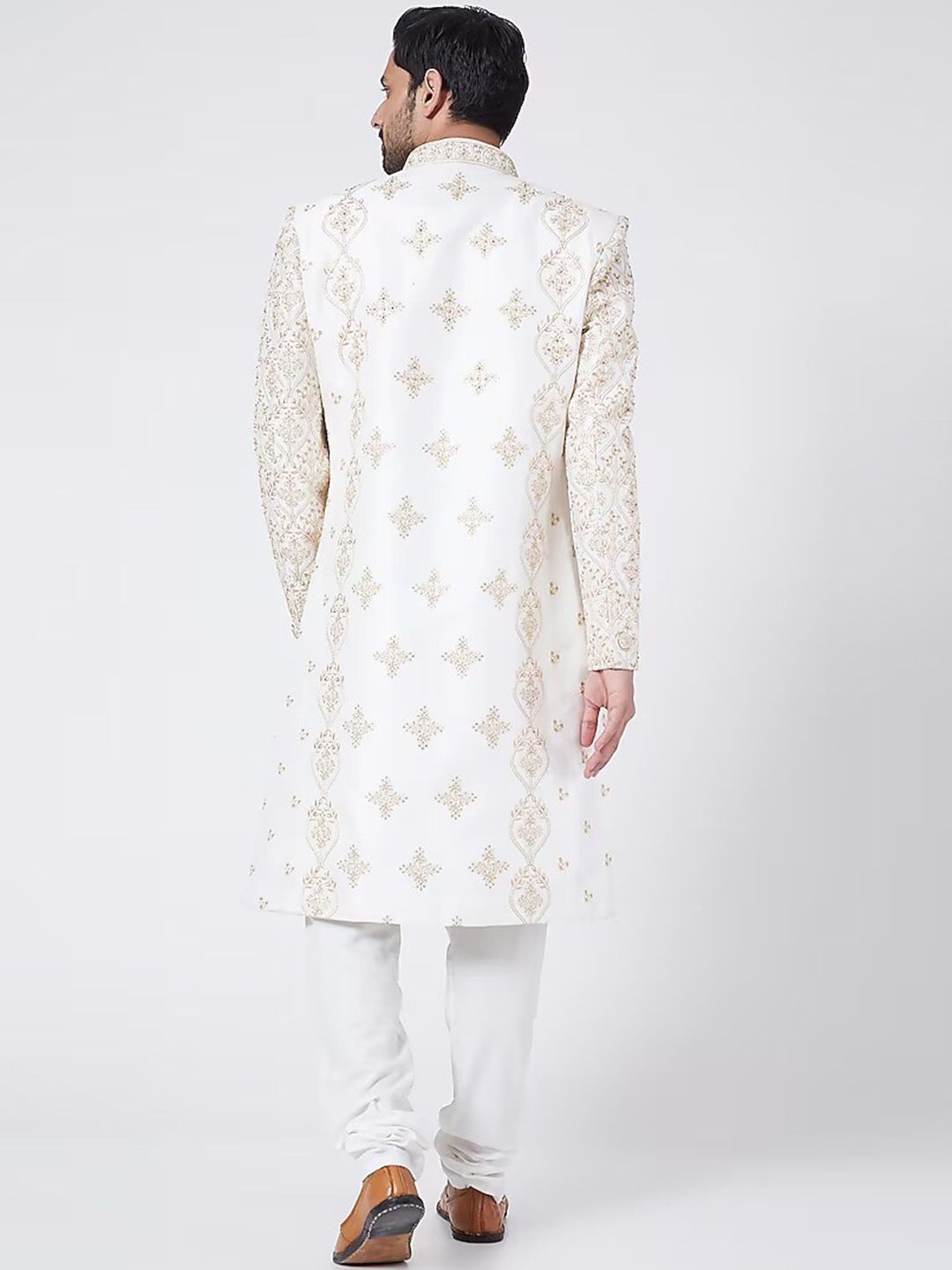 Embroidered Mandarin Collar Pure Silk Sherwani Set - Image 4