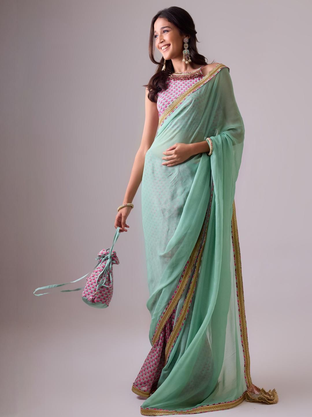 Floral Pure Georgette Half and Half Saree - Image 2