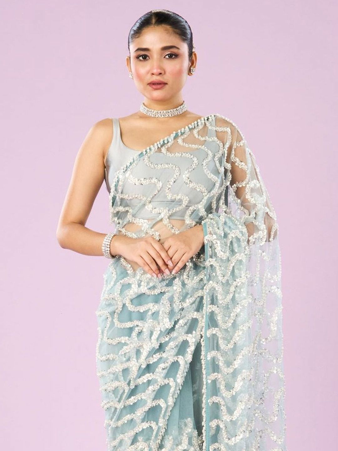Embellished Sequinned Net Saree - Image 4