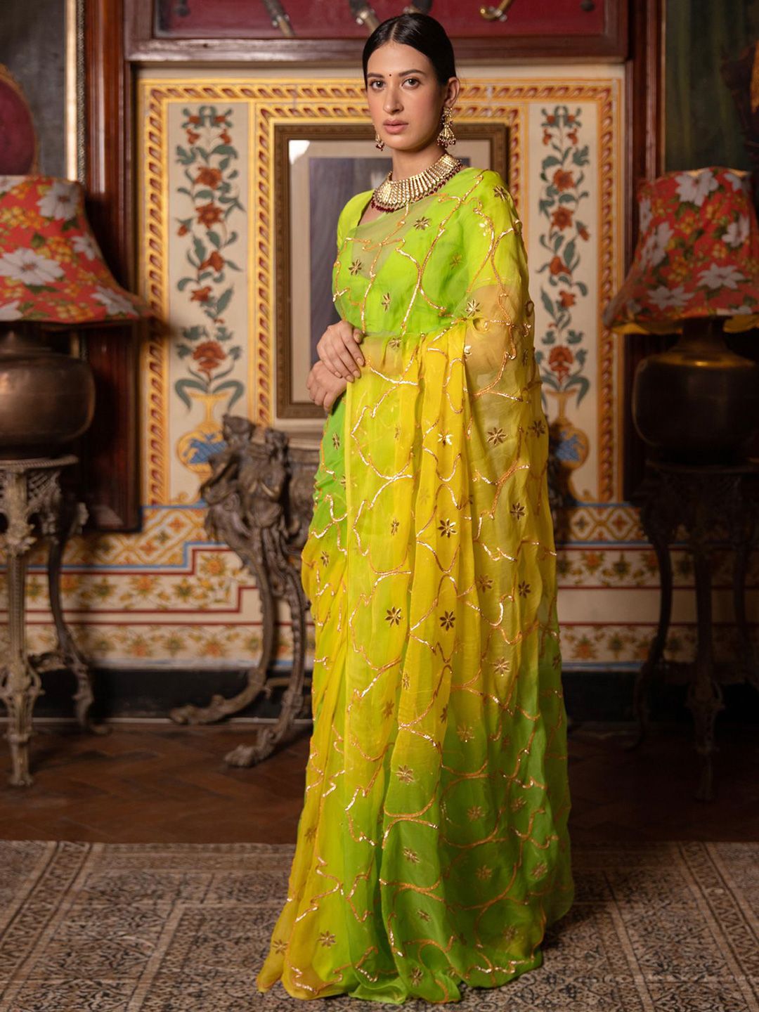Floral Embroidered Gotta Patti Saree - Image 2