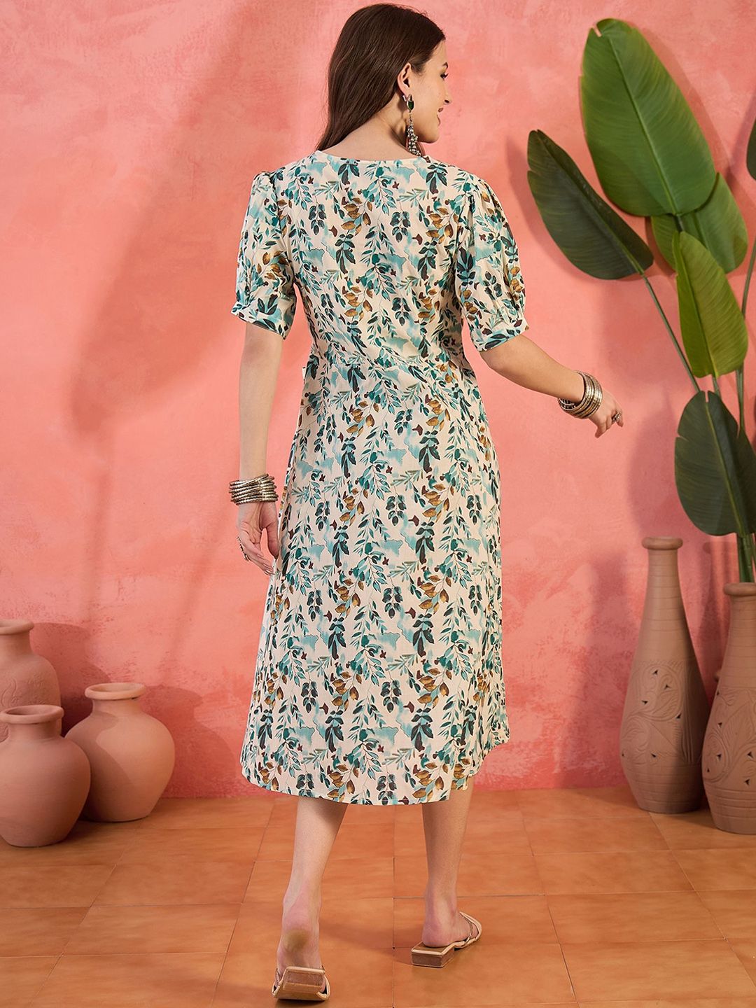 Floral Printed V-Neck Puff Sleeves Pure Cotton A-Line Ethnic Dress - Image 2