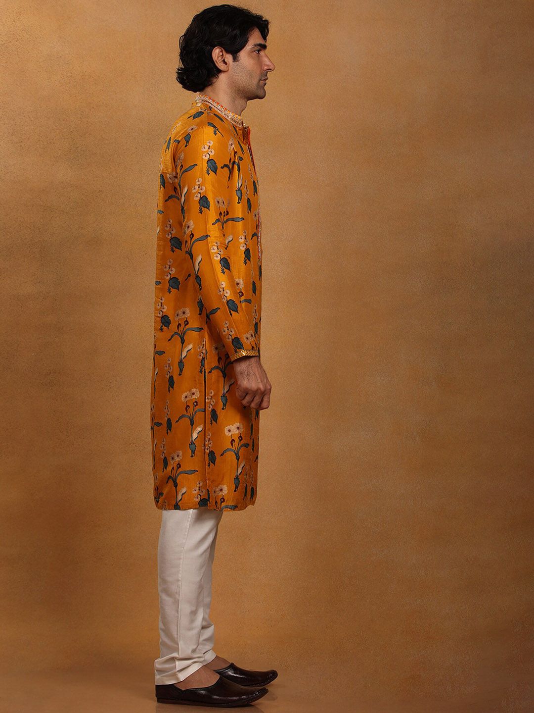 Mandarin Collar Floral Printed Straight Fit Raw Silk Kurta - Image 3