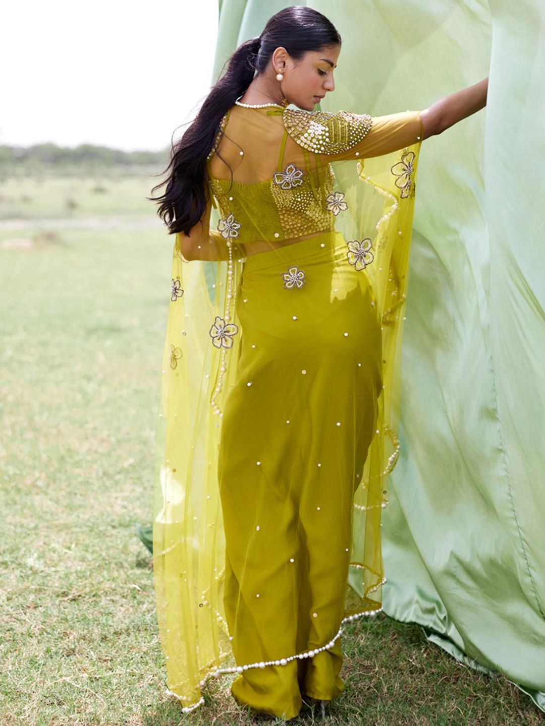 Embroidered Crop Top & Skirt With Jacket - Image 4