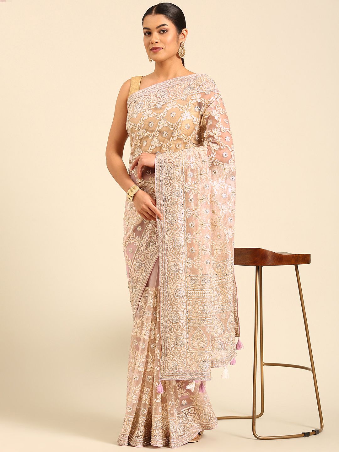 Floral Embroidered Net Saree - Image 2