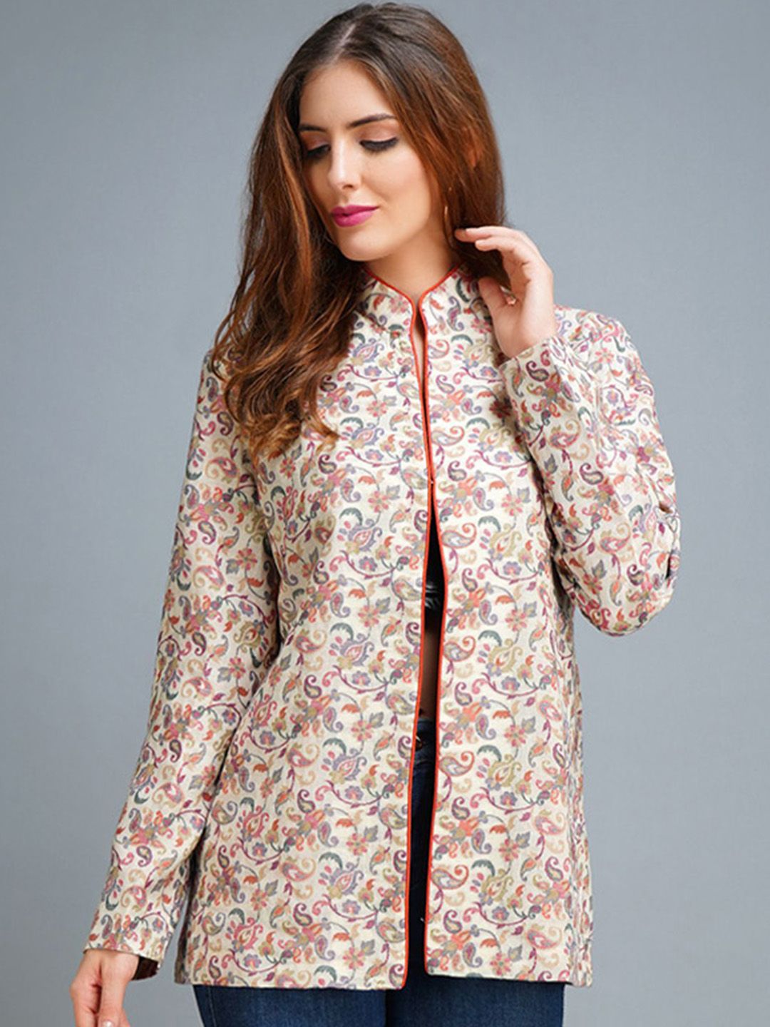 Women Paisley Woollen Longline Tailored Jacket with Embroidered