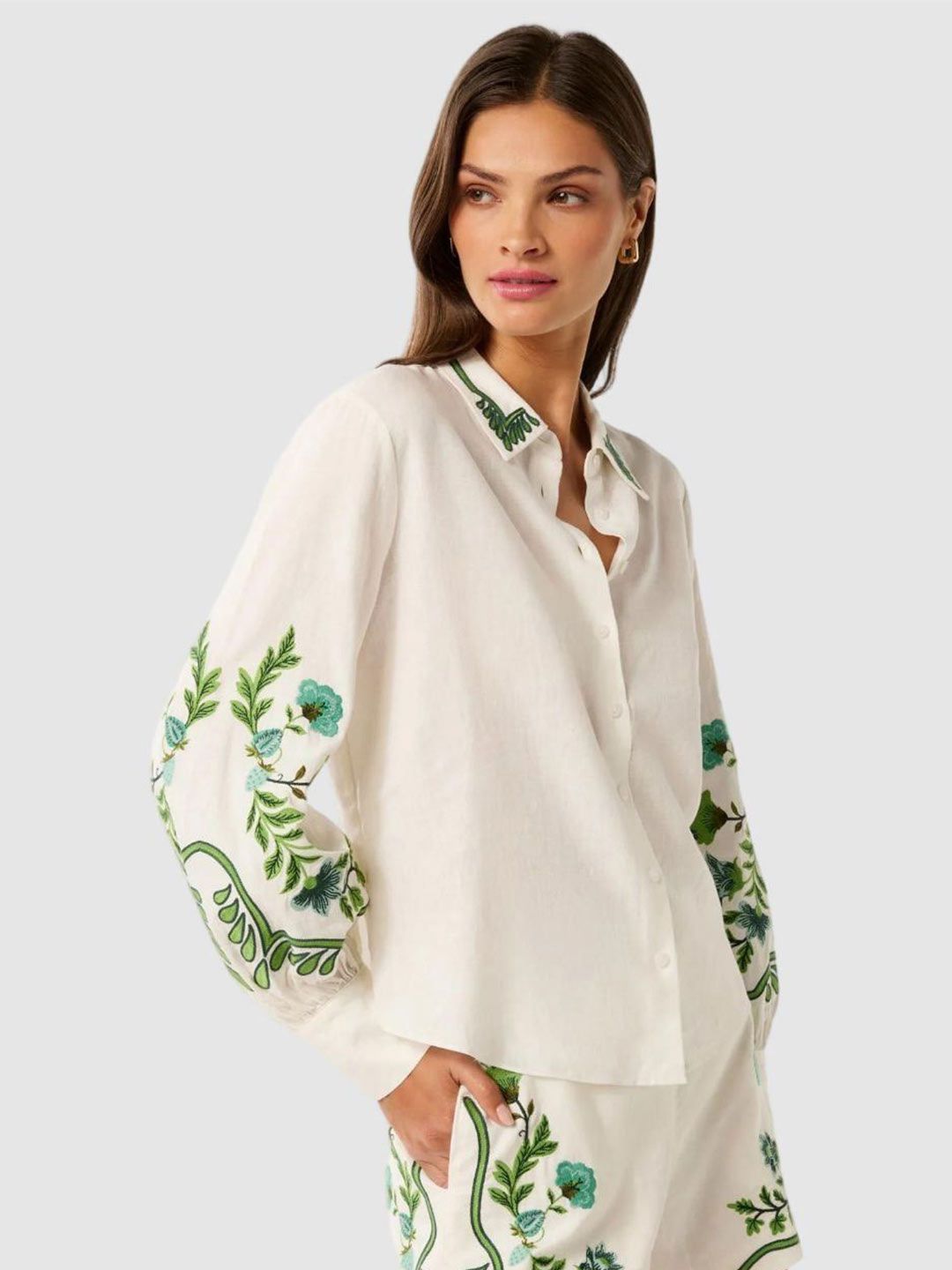 Floral Emroidered Thread Work Spread Collar Shirt - Image 3