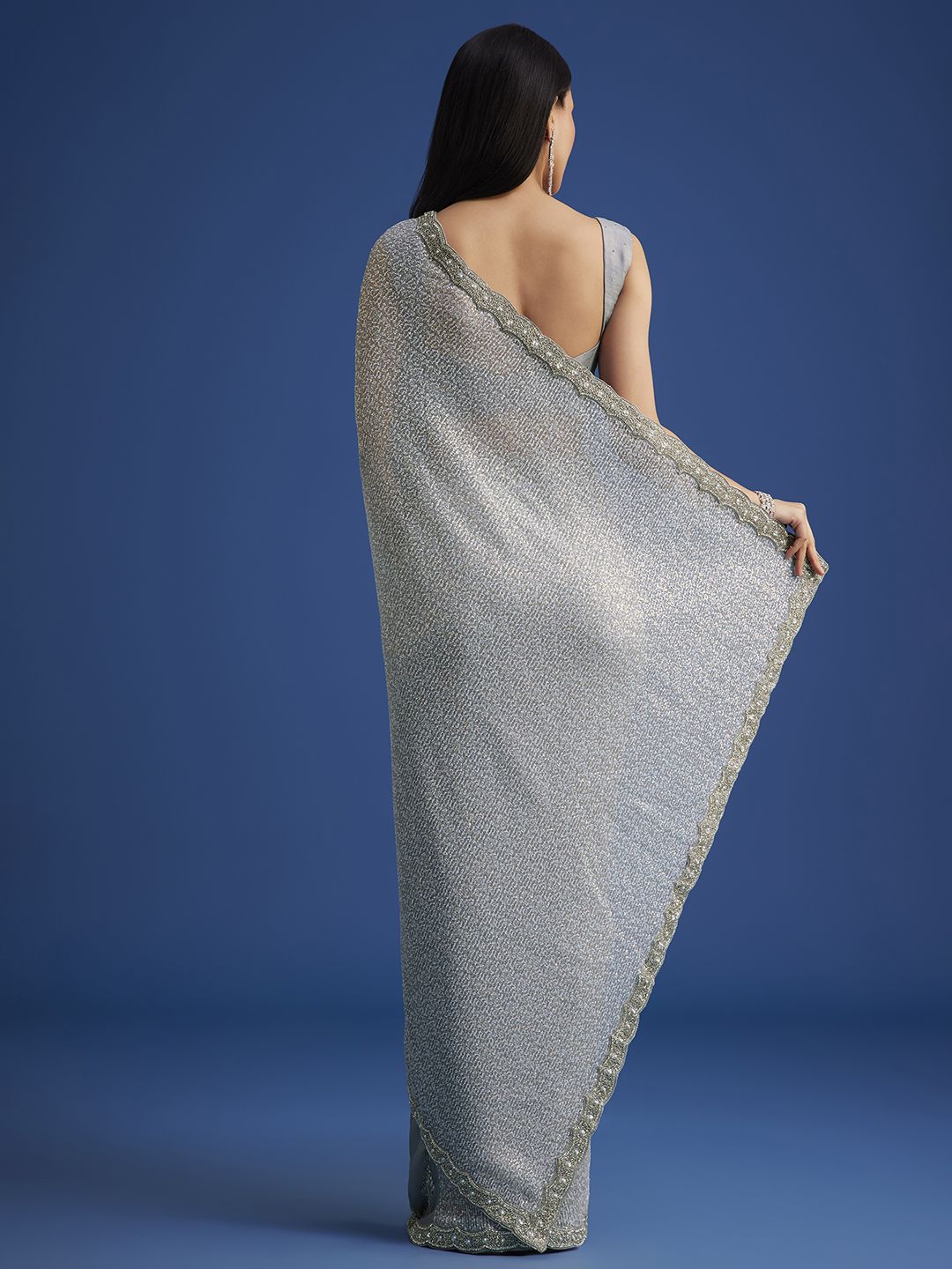 Embellished Beads and Stones Net Saree - Image 2