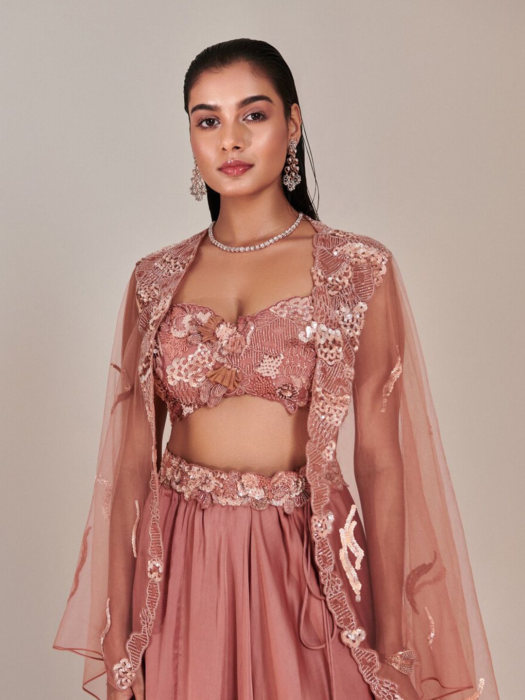 ONE KNOT ONE Embellished Beads and Stones Made to Measure Lehenga With Blouse & Cape Set - Image 2