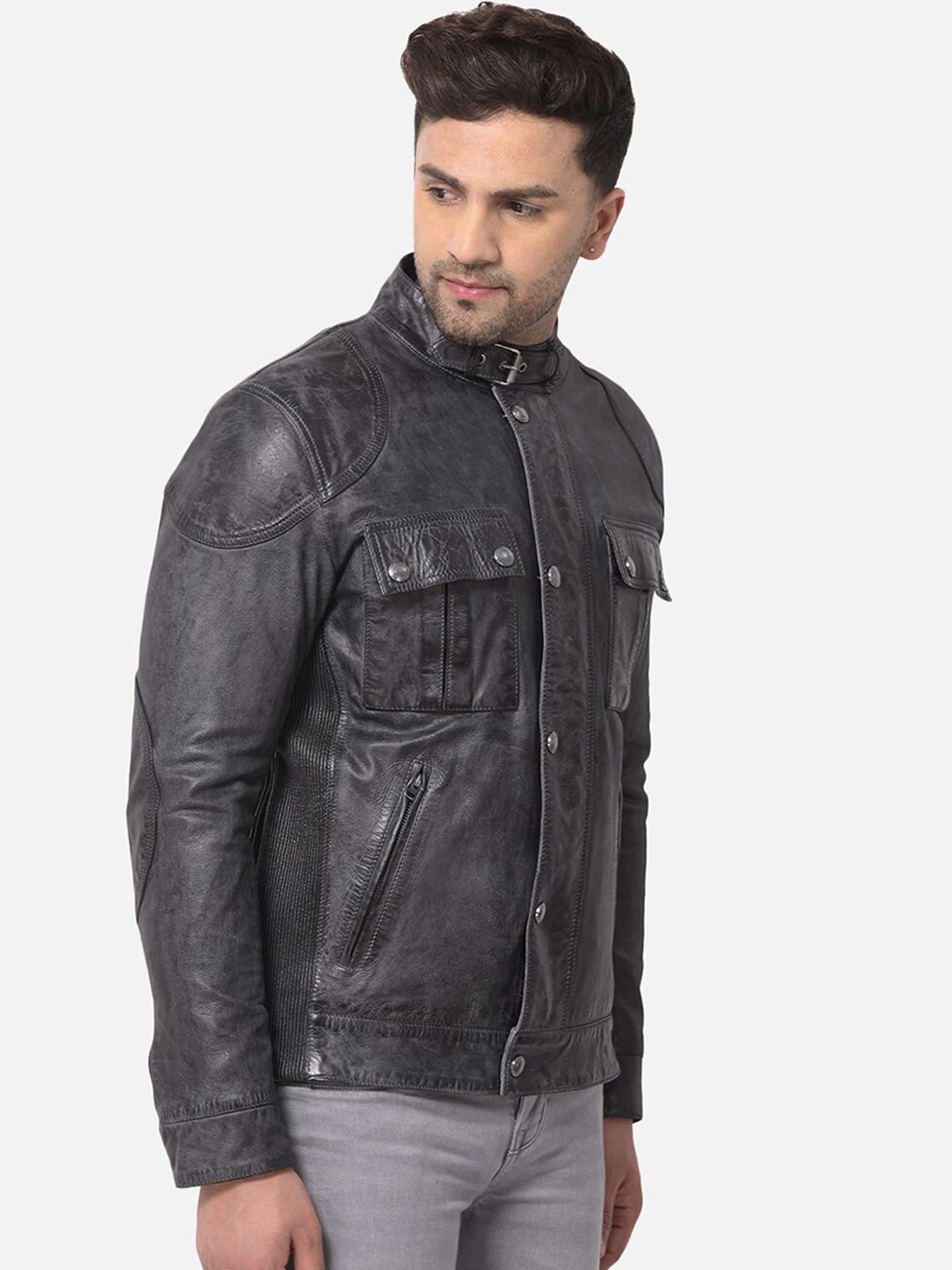 Men Black Leather Water Resistant Longline Bomber with Patchwork Jacket - Image 2