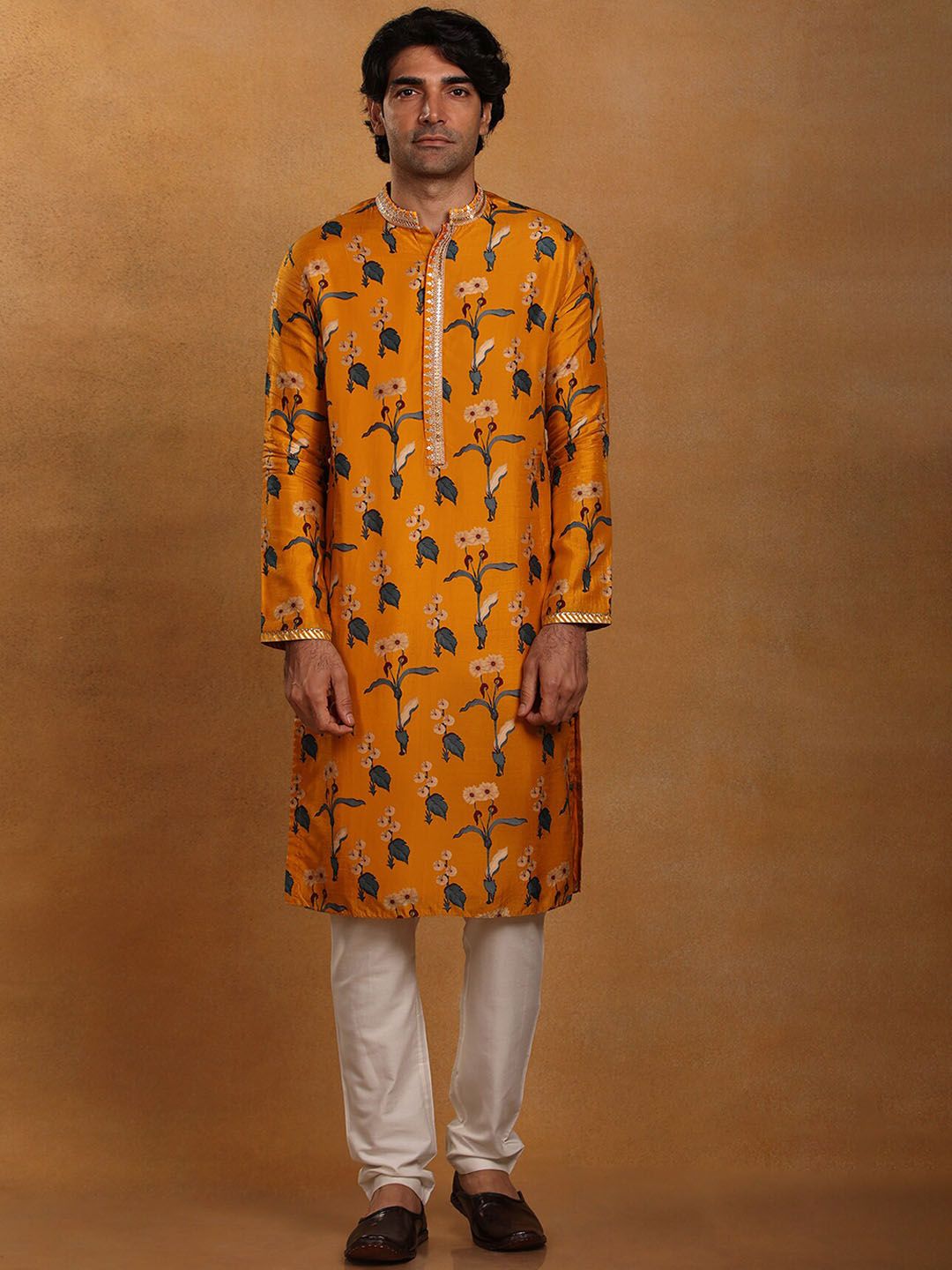 Mandarin Collar Floral Printed Straight Fit Raw Silk Kurta