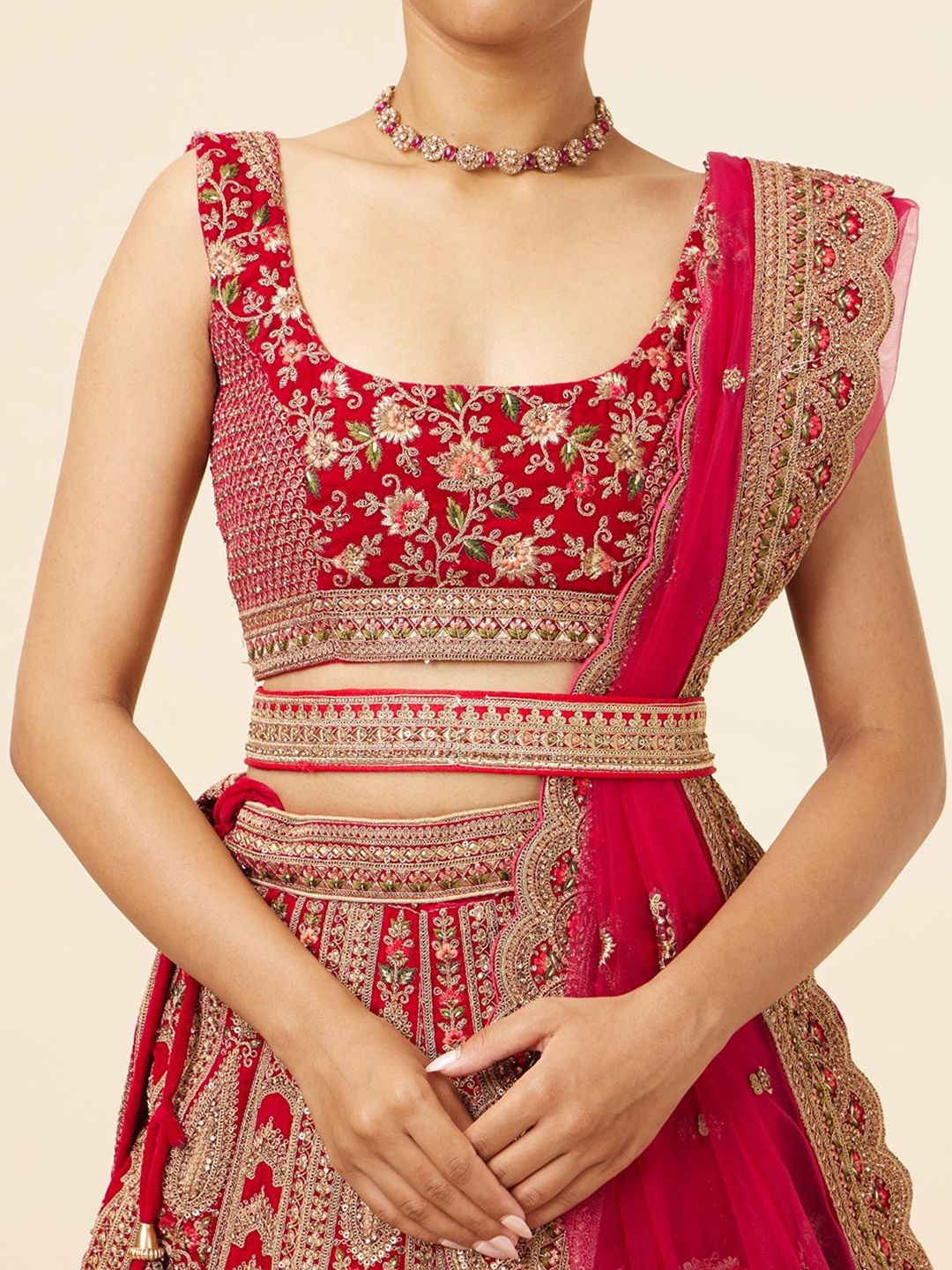 MOHEY Embroidered Velvet Sequinned Semi-Stitched Lehenga & Unstitched Blouse With Dupatta - Image 4