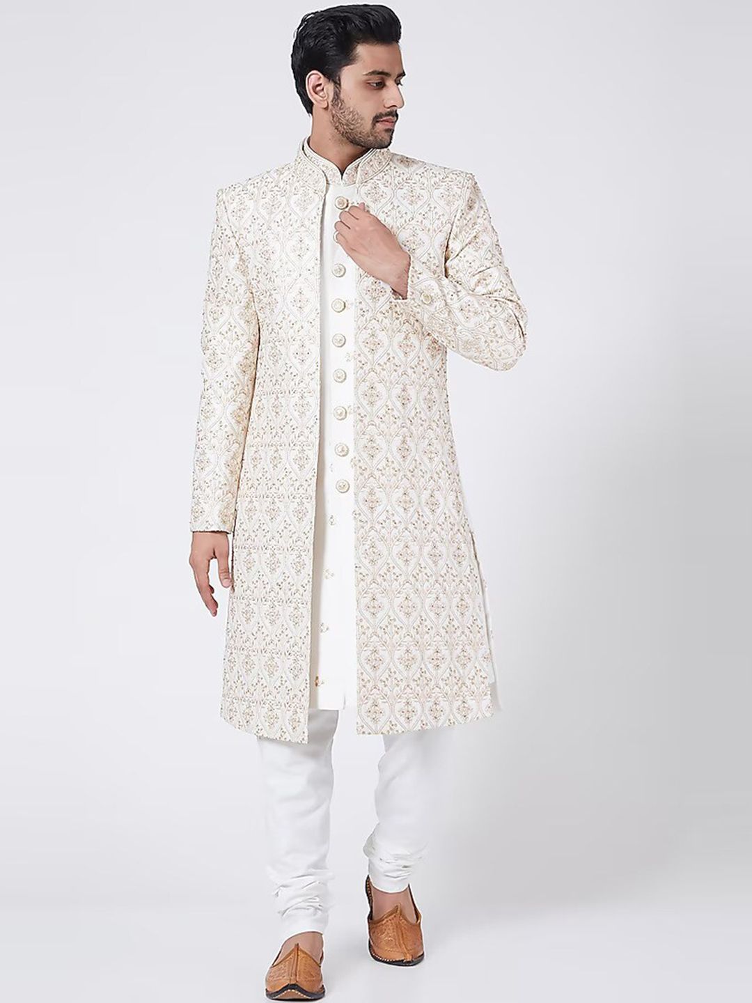 Embroidered Mandarin Collar Pure Silk Sherwani Set - Image 2