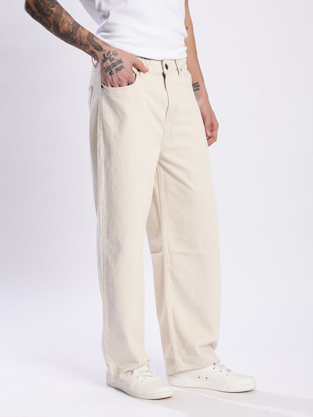 Men Beige Pure Cotton Rigid Baggy Fit Denim Jeans - Image 3