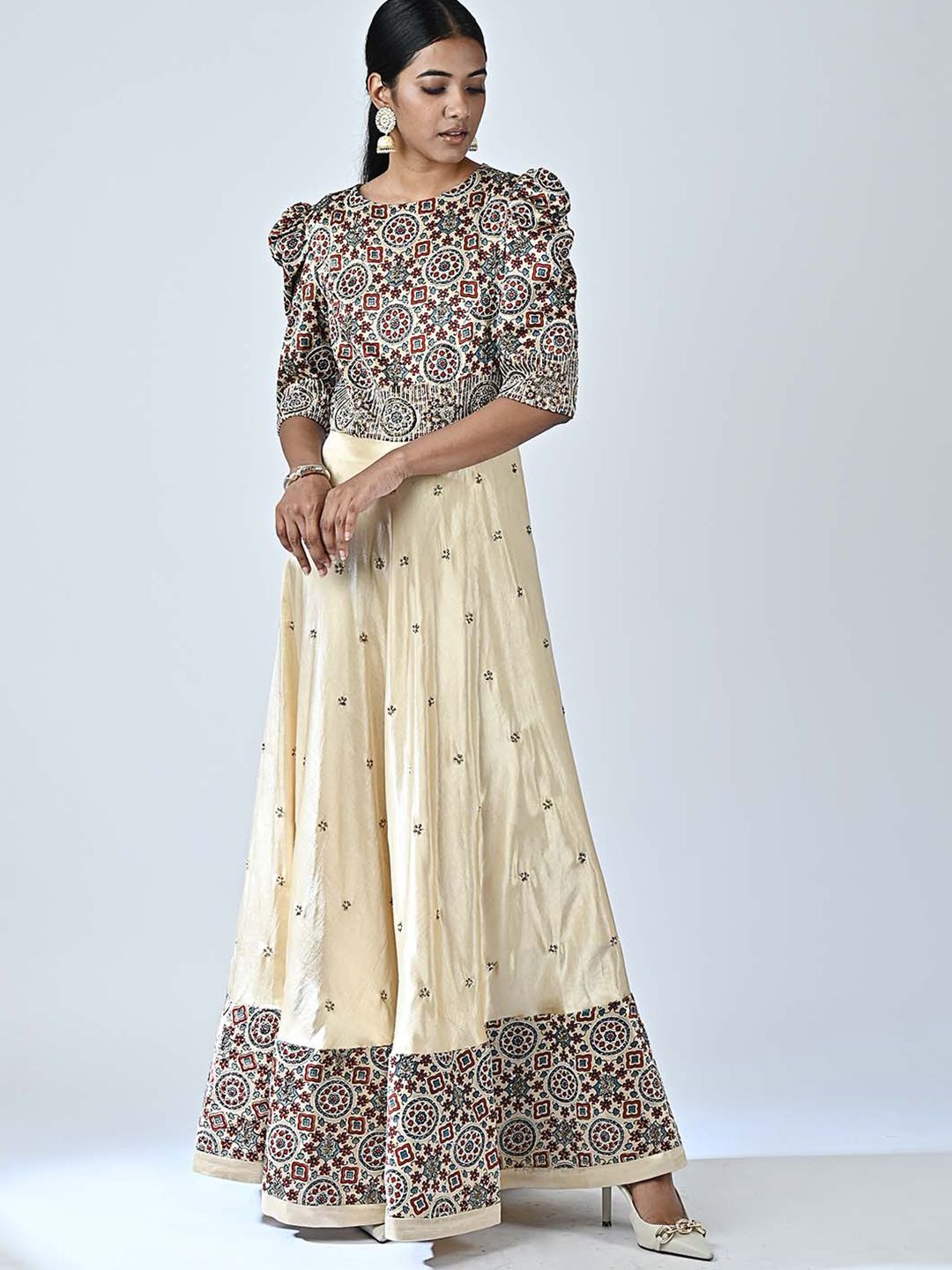 Sejal Kamdar Round Neck Puff Sleeves Ethnic Motifs Print Crepe A-Line Dress