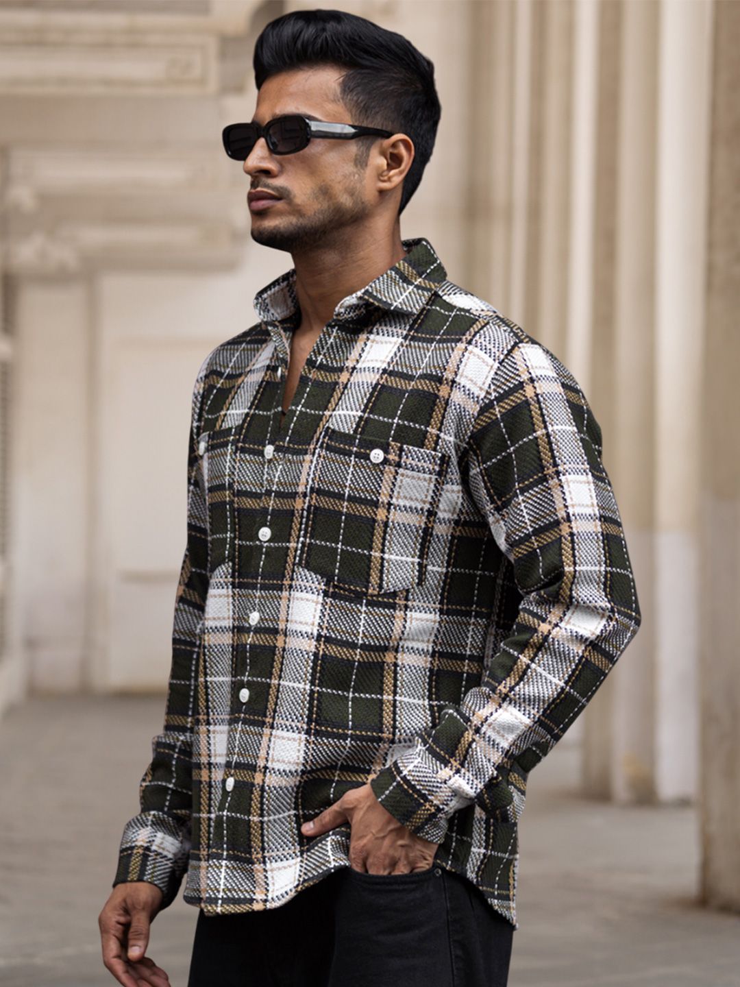 Men Spread Collar Tartan Checked Casual Shirt - Image 3