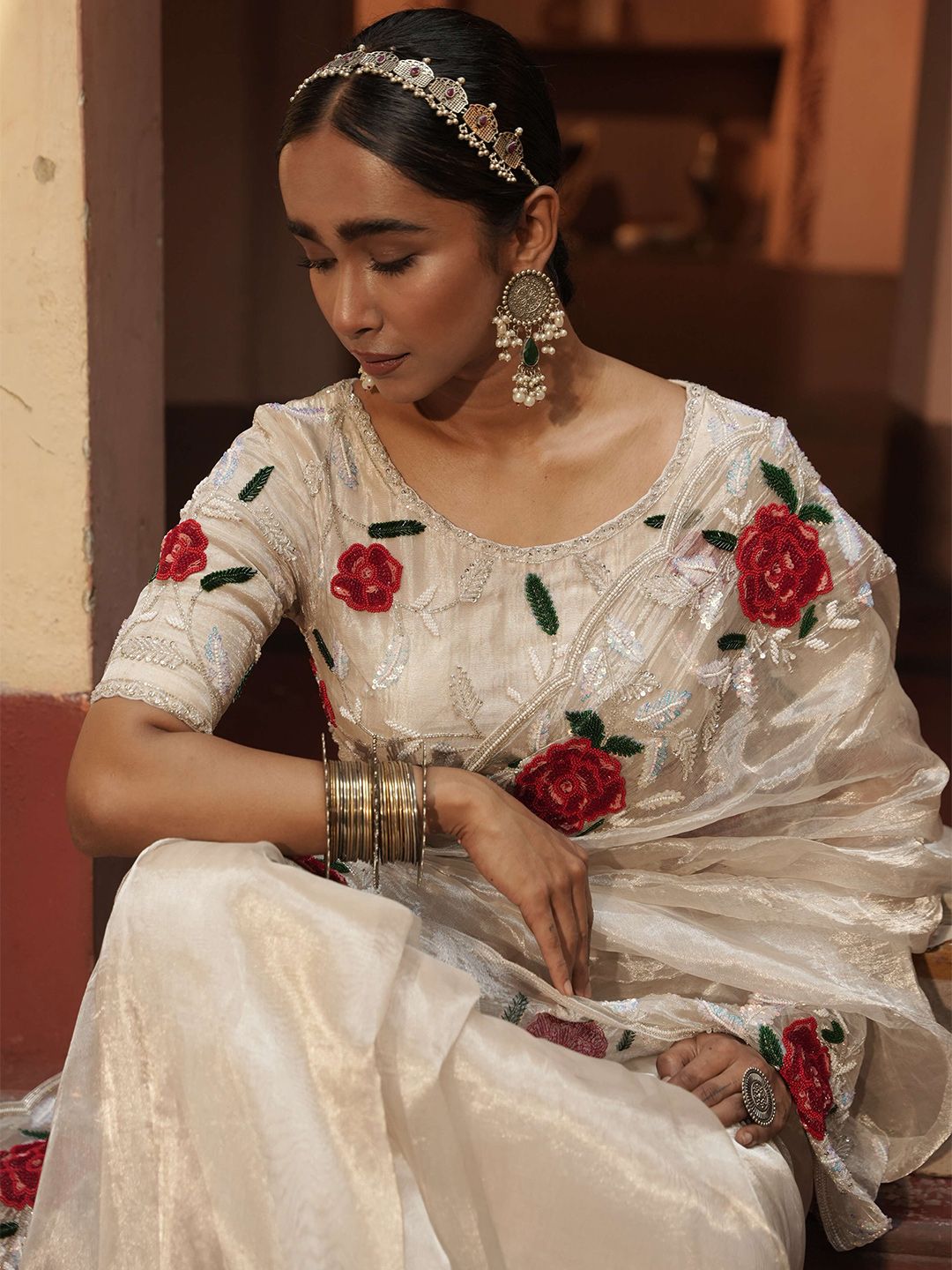 MIDUSHI BAJORIA Embellished Embroidered Beads and Stone Tissue Maheshwari Saree