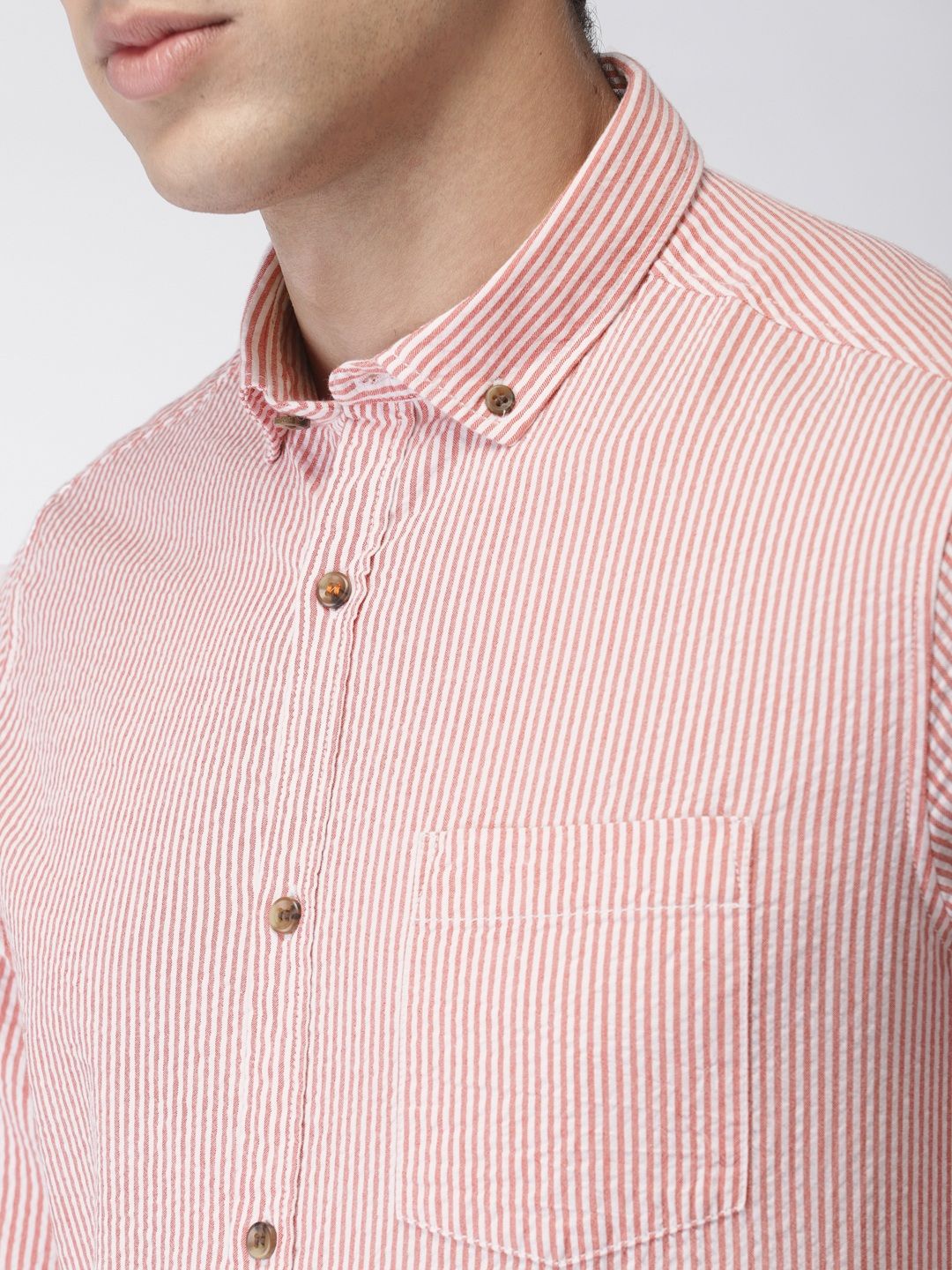 Men Pink & White Slim Fit Striped Casual ShirtMen Pink & White Slim Fit Striped Casual Shirt - Image 2