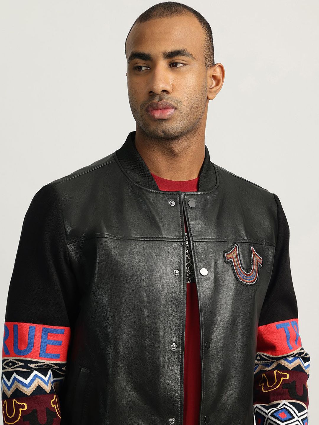 Men Stand Collar Graphic Printed Leather Casual Leather Jacket - Image 2