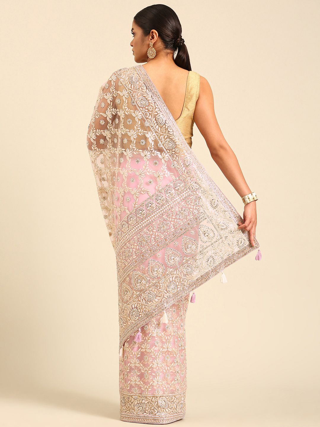 Floral Embroidered Net Saree - Image 3