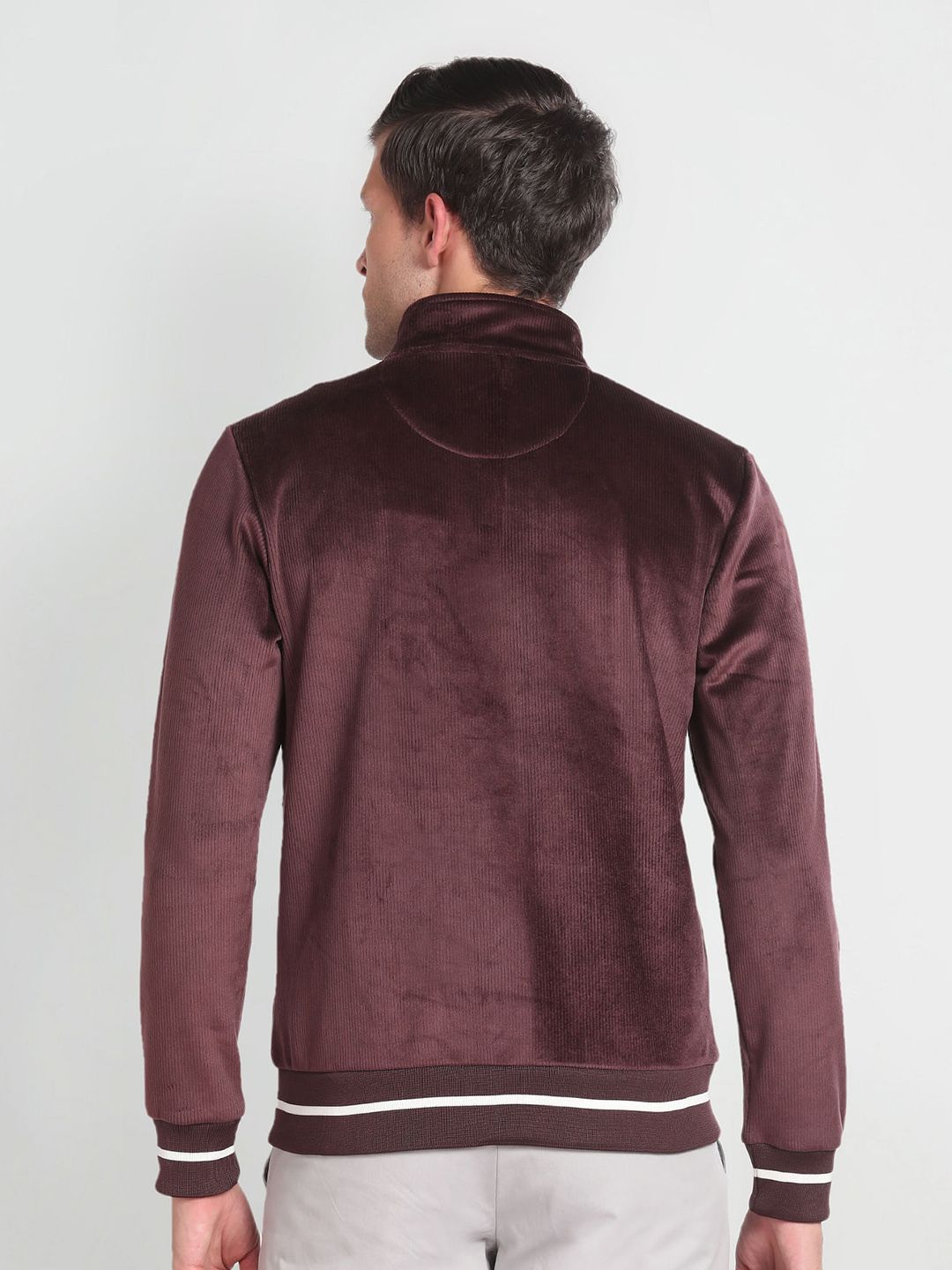 Striped Mock Collar Long Sleeve Zip Detail Bomber Jacket - Image 2