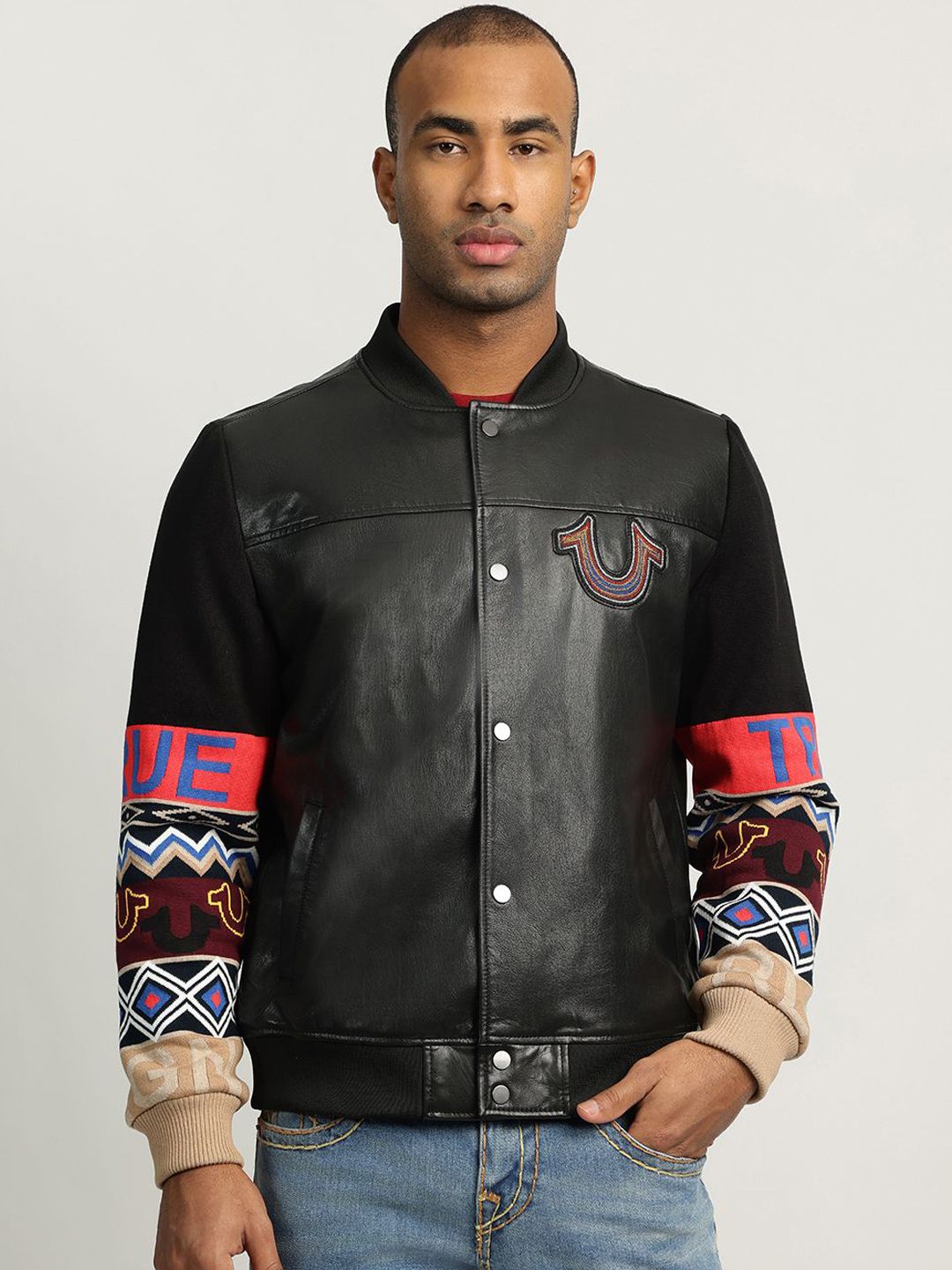 Men Stand Collar Graphic Printed Leather Casual Leather Jacket