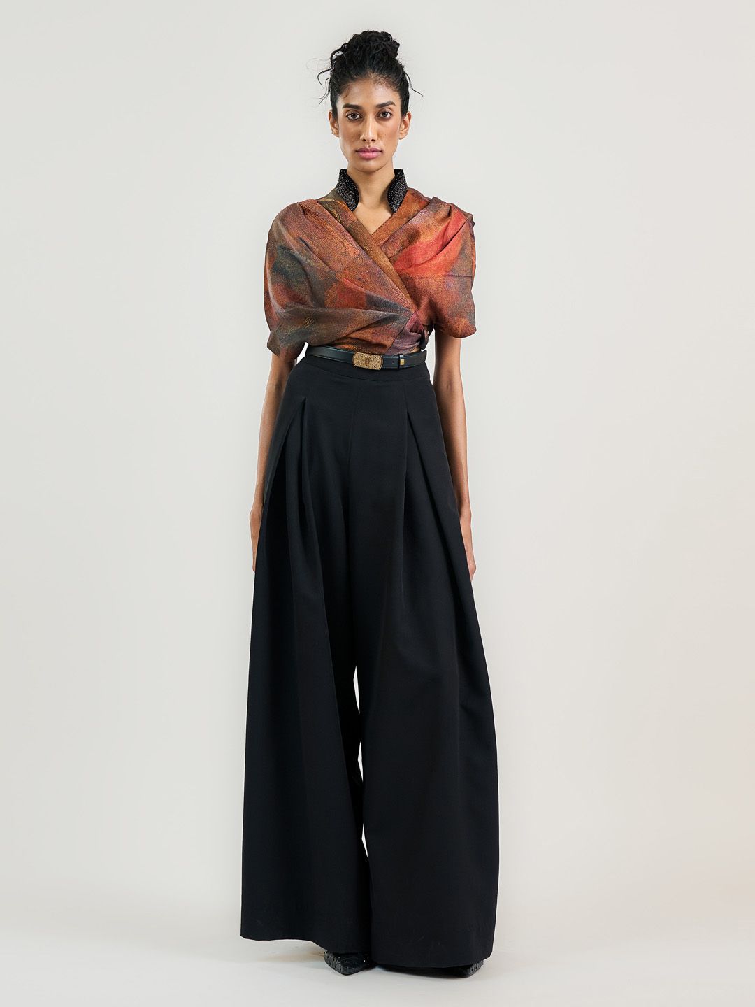 Printed Linen Cuffed Sleeves Wrap Top