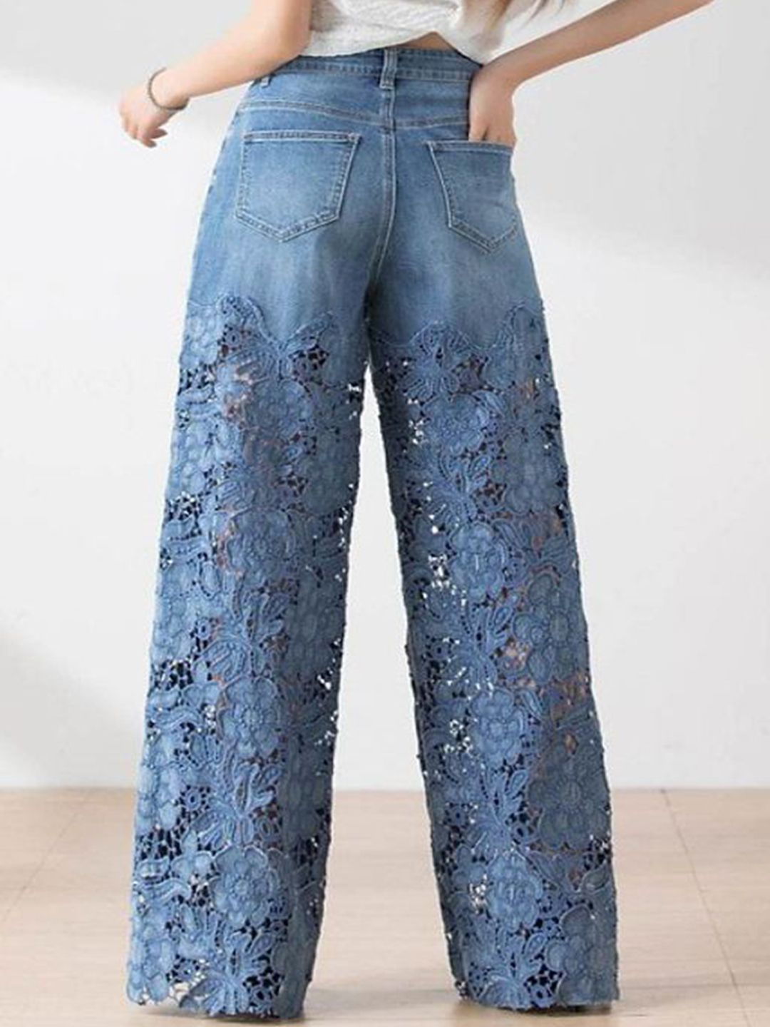 Women Mid-Rise Floral Lace Applique Wide-Leg Jeans - Image 2