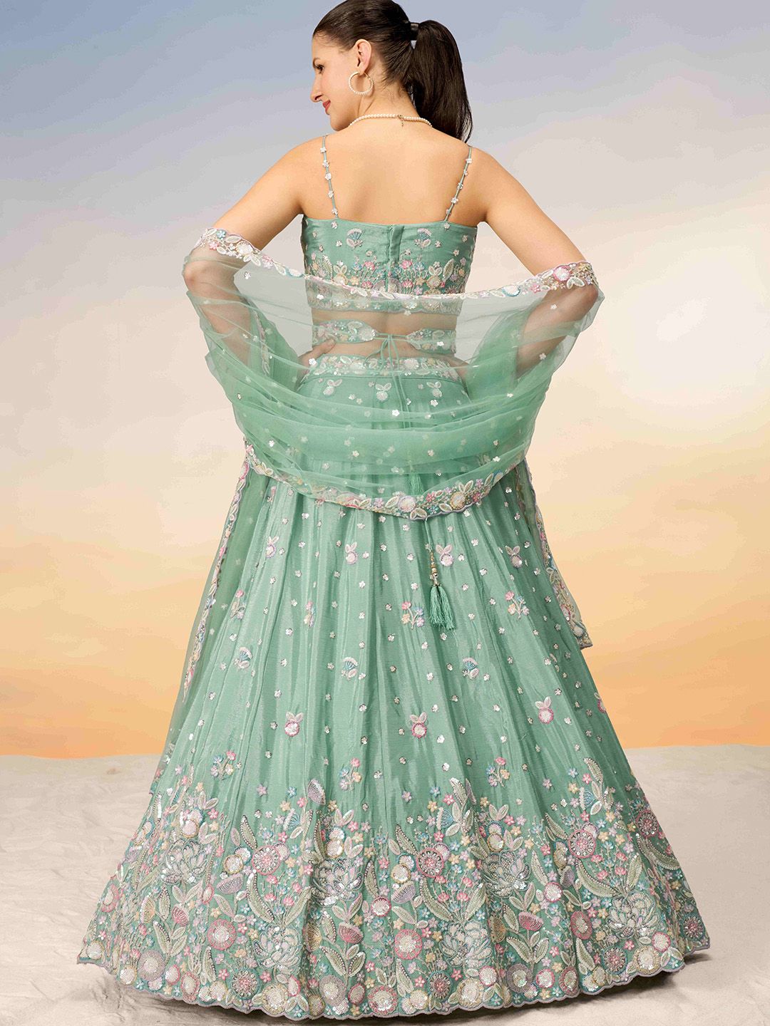 Embroidered Sequinned Semi-Stitched Lehenga & Unstitched Blouse With Dupatta - Image 4