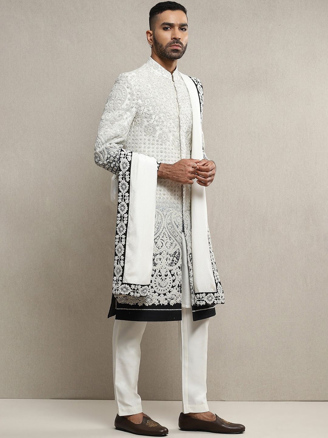 Embroidered Aari Dabka Work Sherwani Set - Image 3