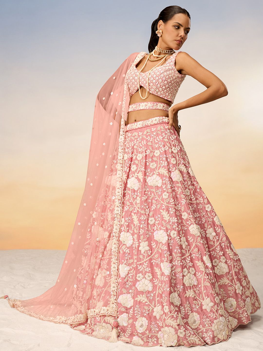 Embroidered Sequinned Semi-Stitched Lehenga & Unstitched Blouse With Dupatta - Image 4
