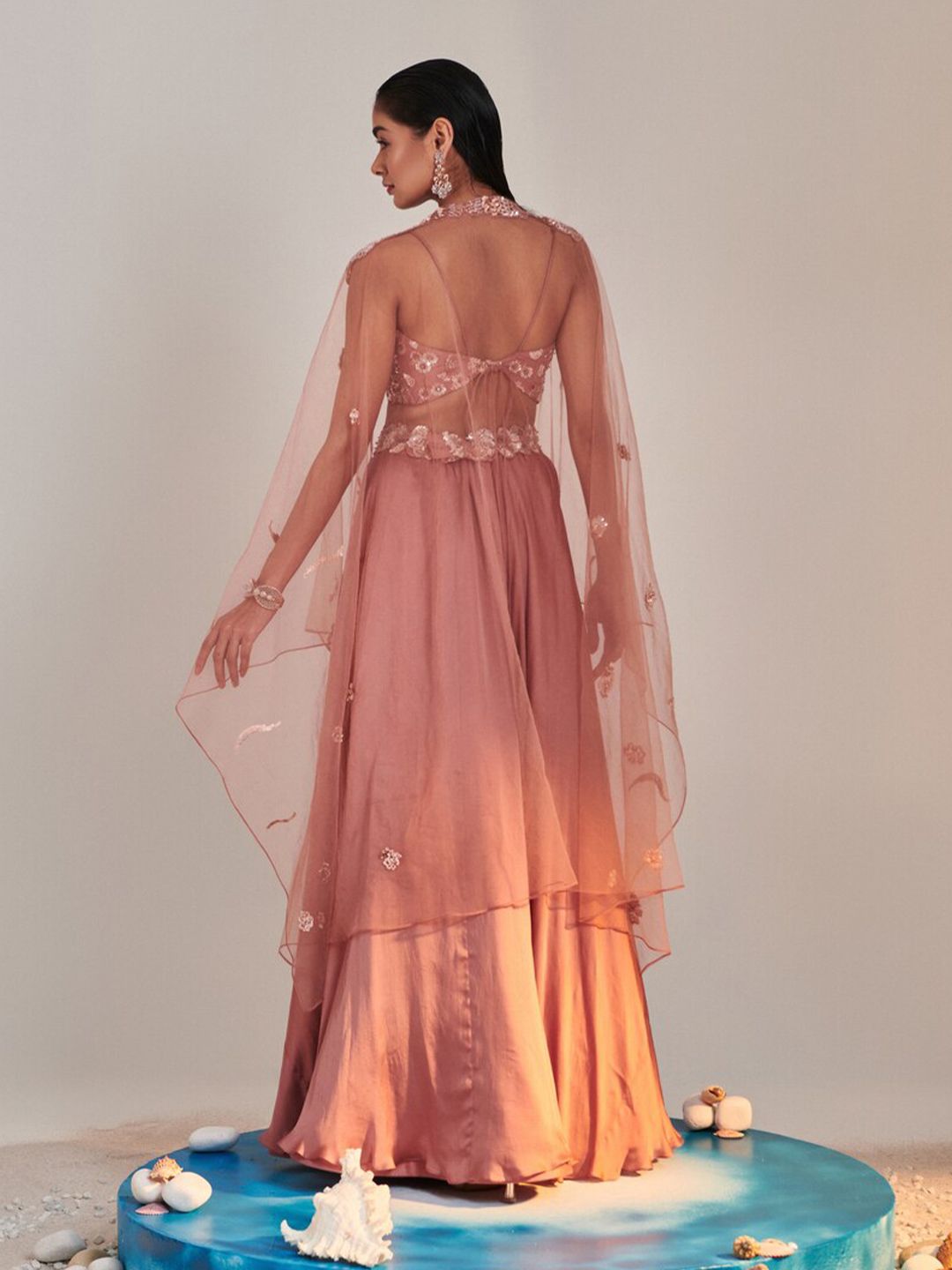 ONE KNOT ONE Embellished Beads and Stones Made to Measure Lehenga With Blouse & Cape Set - Image 3