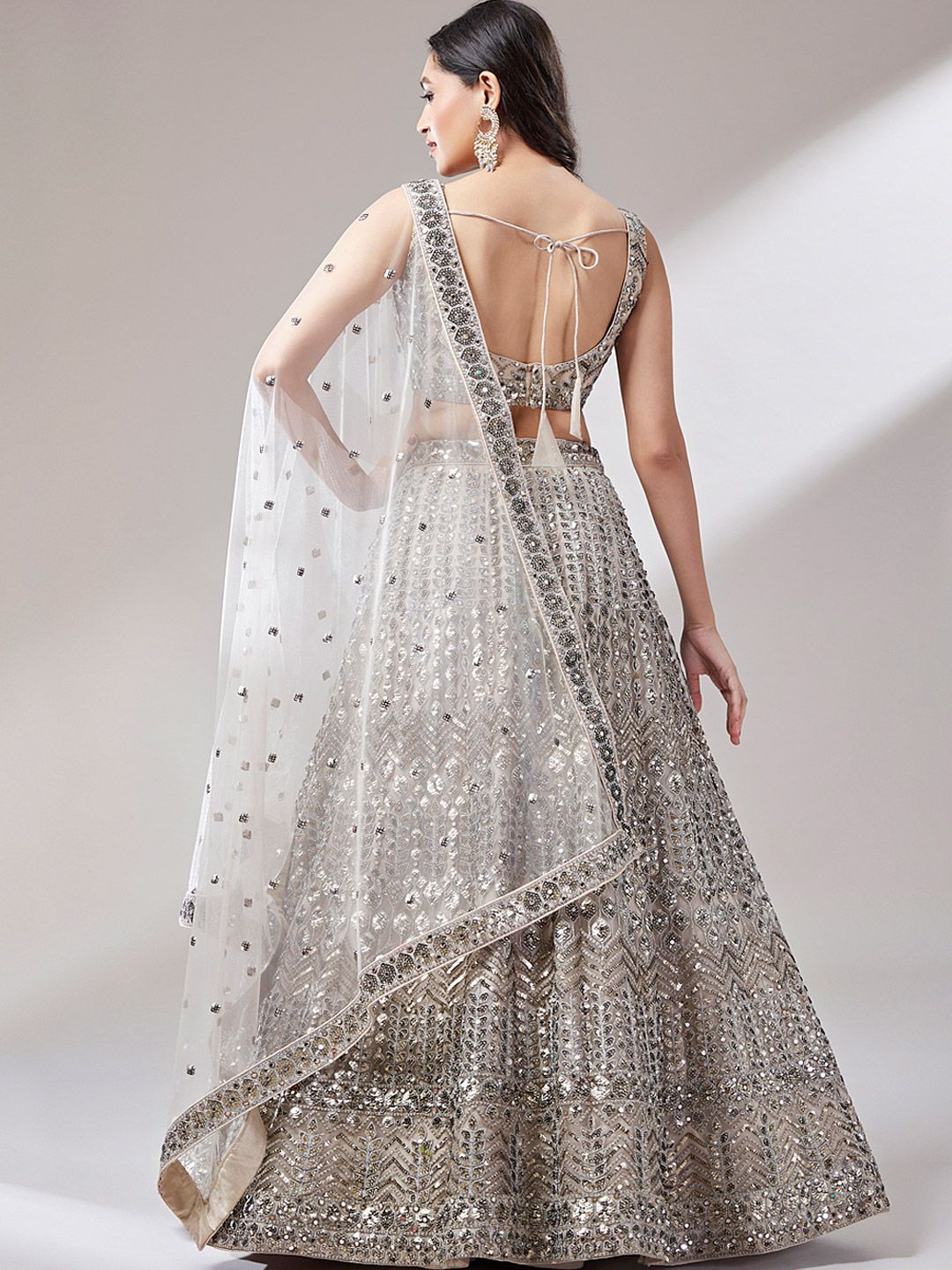 panchhi Beige Embroidered Shoulder Straps Lehenga & Unstitched Blouse With Dupatta - Image 2