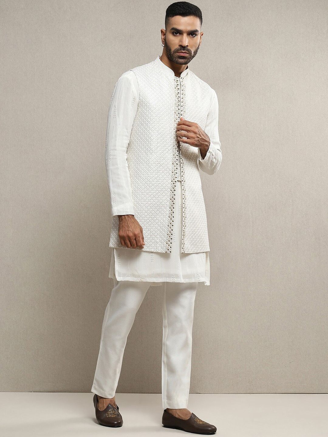 Embroidered Mandarin Collar Sherwani Set - Image 4