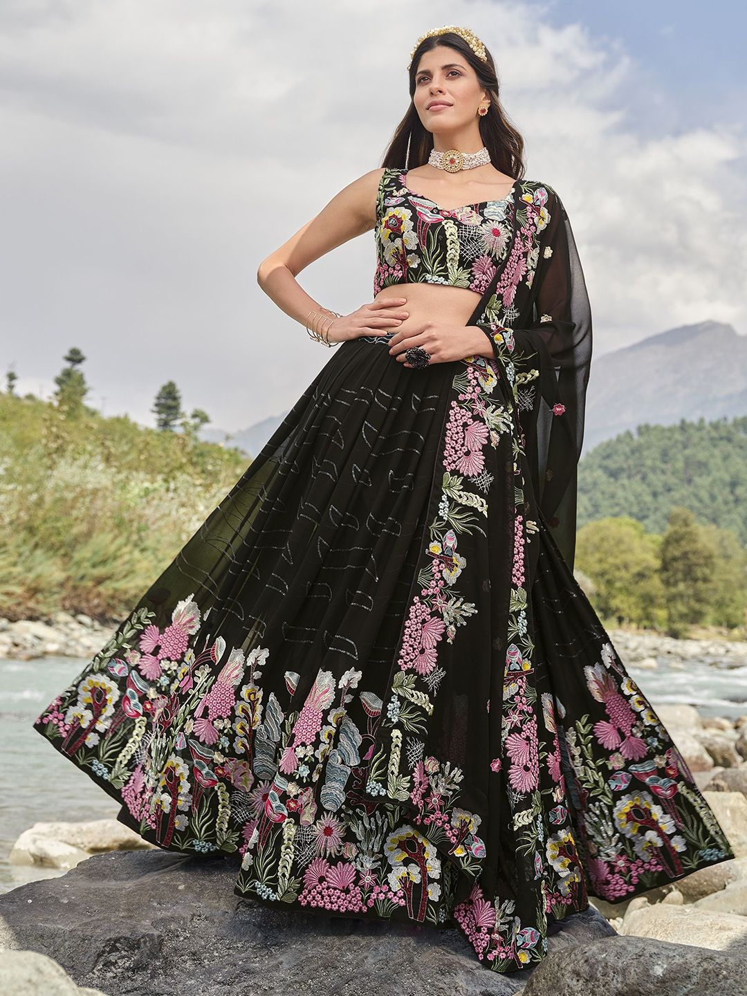 DIVINE EXIM Embroidered Thread Work Semi-Stitched Lehenga & Unstitched Blouse With Dupatta - Image 2