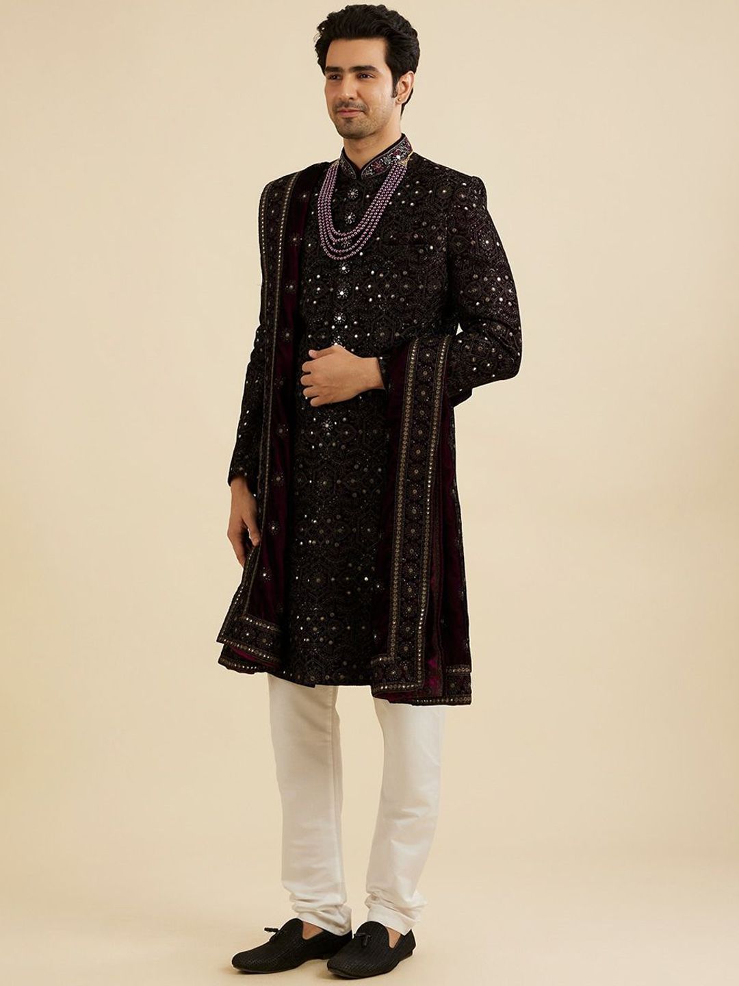 Men Embroidered Sherwani Set with Dupatta - Image 3