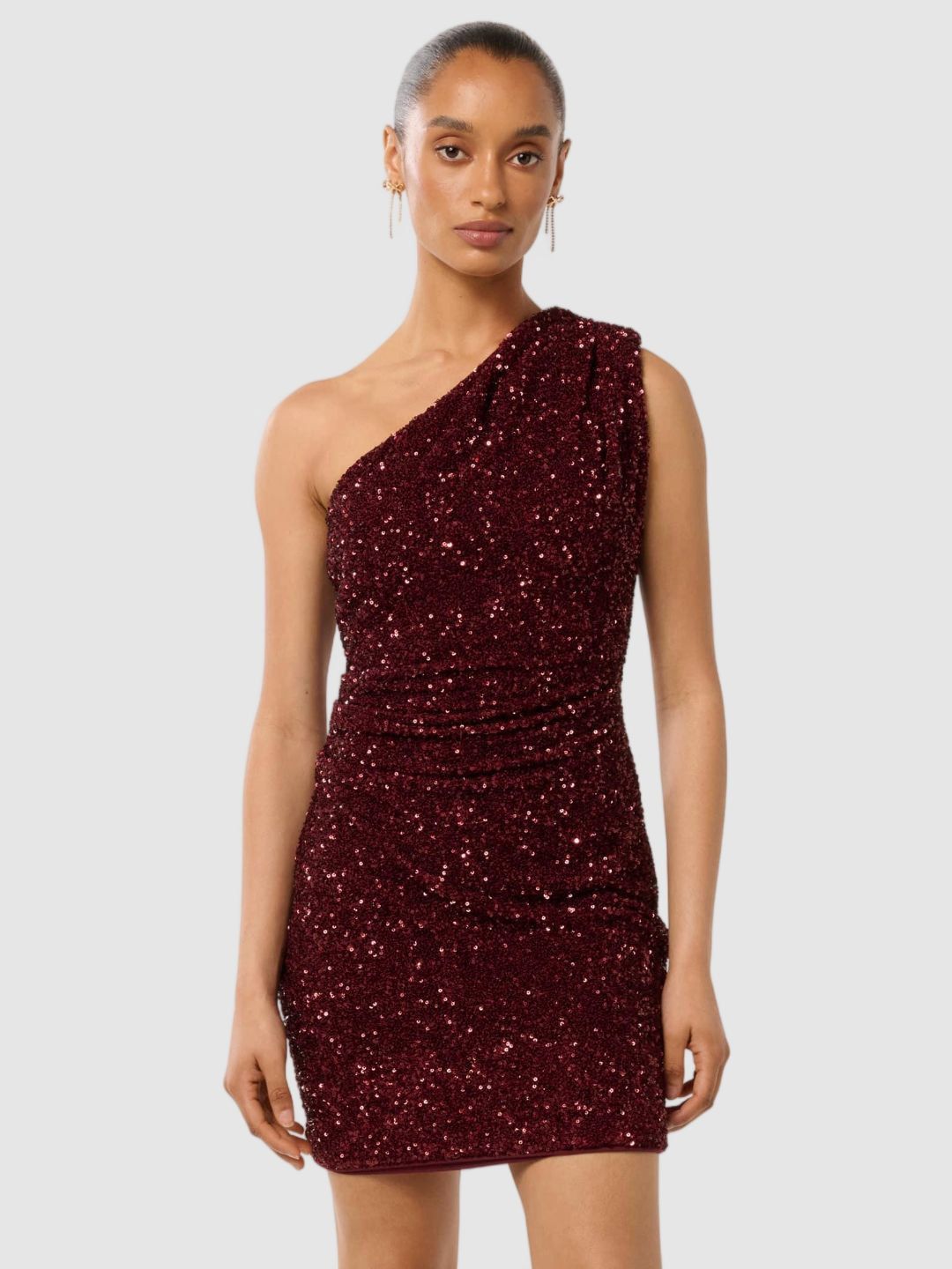 Embellished Sequined One Shoulder Ruched Bodycon Mini Dress