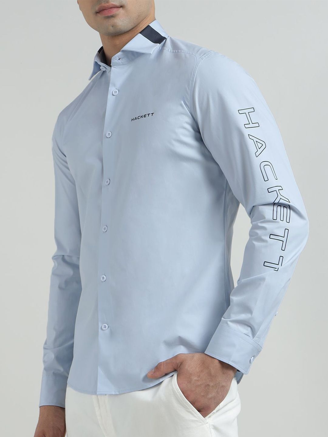 HACKETT LONDON Typography Printed Spread Collar Long Sleeves Cotton Shirt