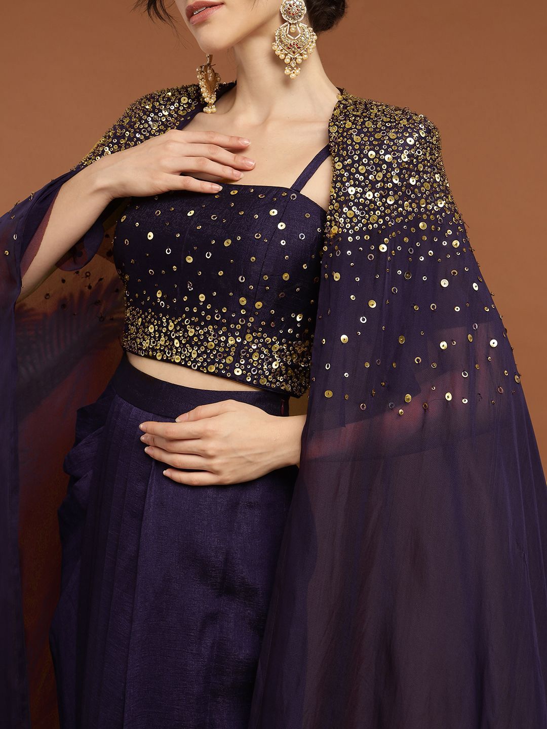 RIRASA Embroidered Pure Silk Shoulder Straps Top & Skirt With Cape - Image 2