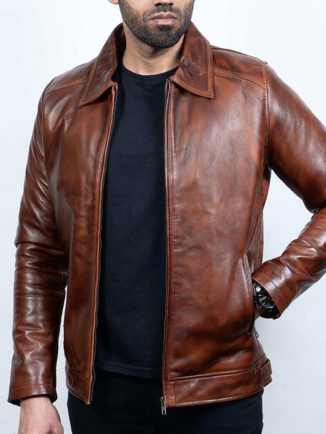 Men Solid Leather Biker Jacket - Image 2